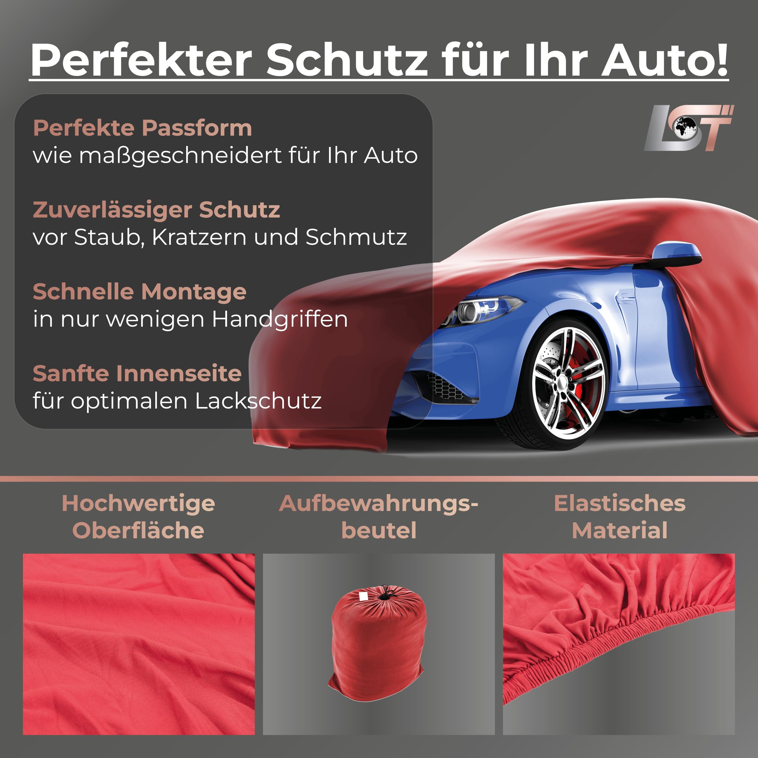 LST Autoabdeckung Indoor – lackschonende und Dehnbare Autogarage. Car Cover Innenbereich für Autohäuser und Endverbraucher. Auto Abdeckplane schützt vor Sonne, Staub. (Rot, S (380x125x120cm))