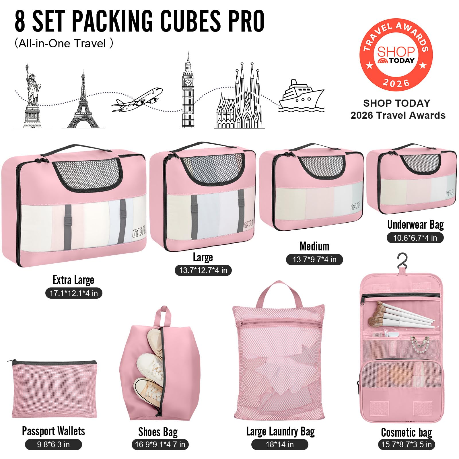 Veken 8 Set Packing Cubes for Travel Essentials,Anti-Wrinkle Buckled Suitcase Organizer for Shoe & Toiletry Bag,Carry On Luggage Bag with 99+ Count Mesh Holes for Airplane & College Dorm Accessories view 2