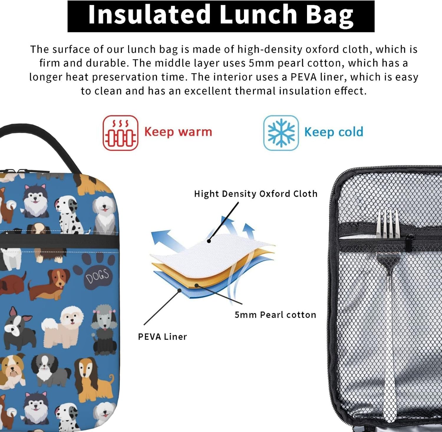 Blue Cute Dogs Lunch Bag Puppy Set Lunch Box Insulated Meal Bag Food Container for School Work Picnic Travel - Image 4