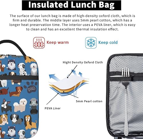 Miniatura 4 de Bolsa de almuerzo con diseño de perros y cachorros, con aislamiento, para la escuela, trabajo, picnic, viajes