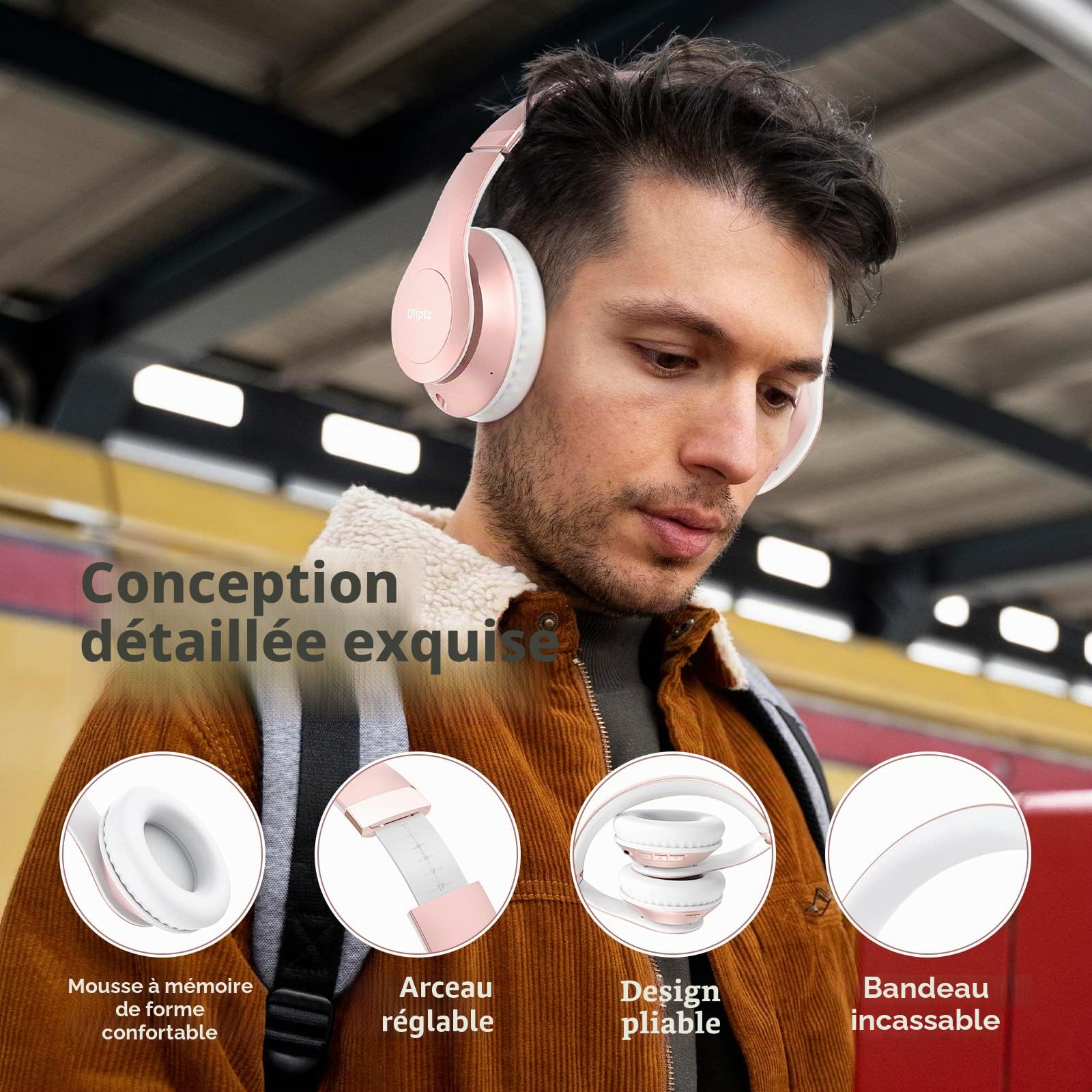 Uliptz Casque Bluetooth sans Fil, 65 Heures de Lecture Casque sans Fil Bluetooth avec Micro 6 Modes EQ, Casque Audio Bluetooth 5.3 Pliable pour Voyage/Bureau/PC (Or Rose)