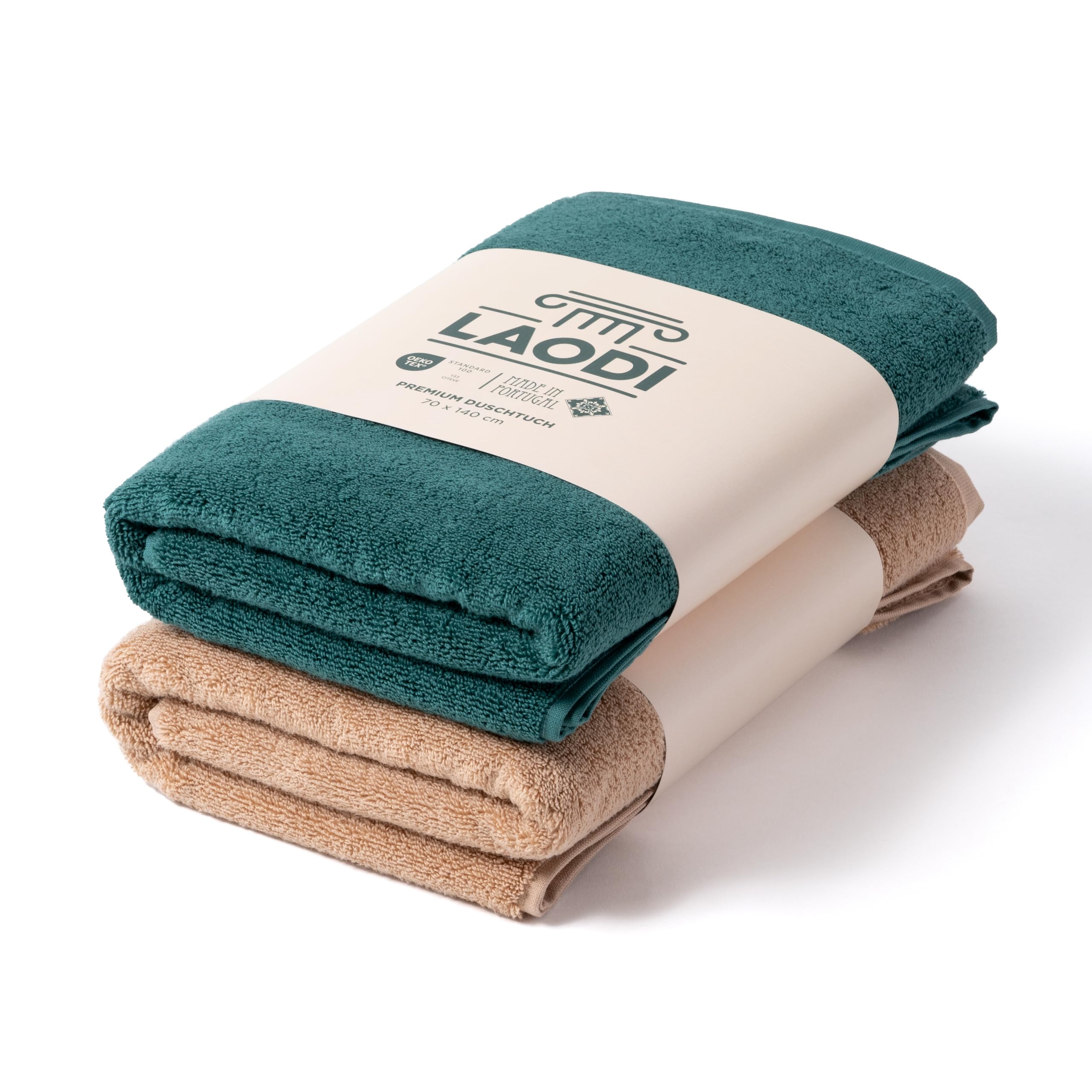 LAODI Premium Duschtuch Set 2er 70x140 cm aus 100% Baumwolle – 570 g/m², saugfähig & weich – Made in Portugal, 2-Farben Set: Antikes Grün & Honigpfirsich