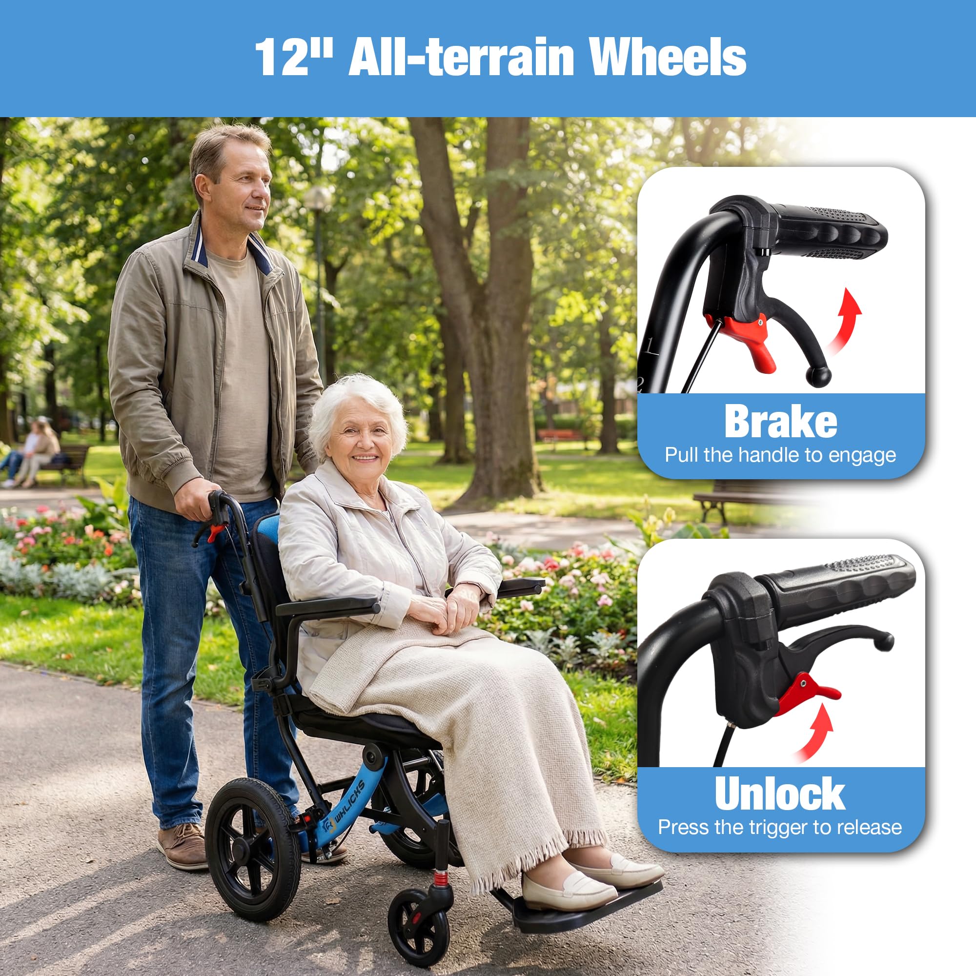 Wheelchairs for Adults Ergonomic Transport Chair Lightweight Foldable with 12-inch Big Wheels for All Terrains Travel Wheelchair with Removable Cushion — Amazon image 7