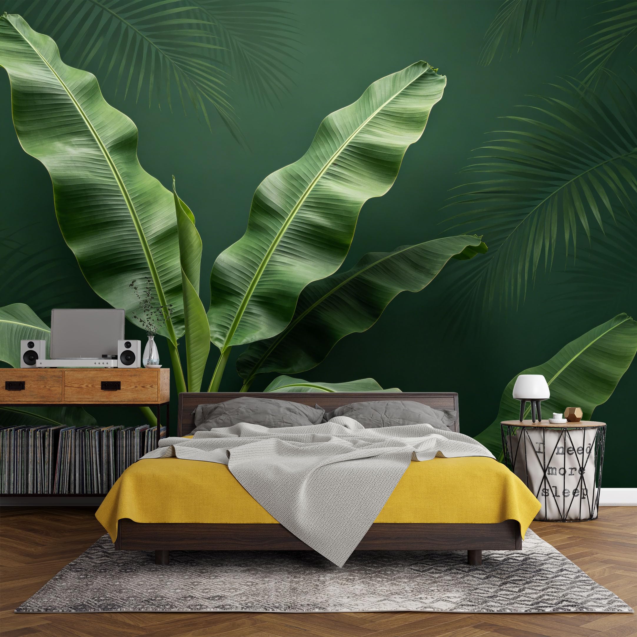 Custom Size Wall Mural， Tropical Banana Palm Leaves Botanical Green Jungle，SelfAdhesive Art Prints wall Fabric (No PVC) Removable Wallpaper Living Room Decor