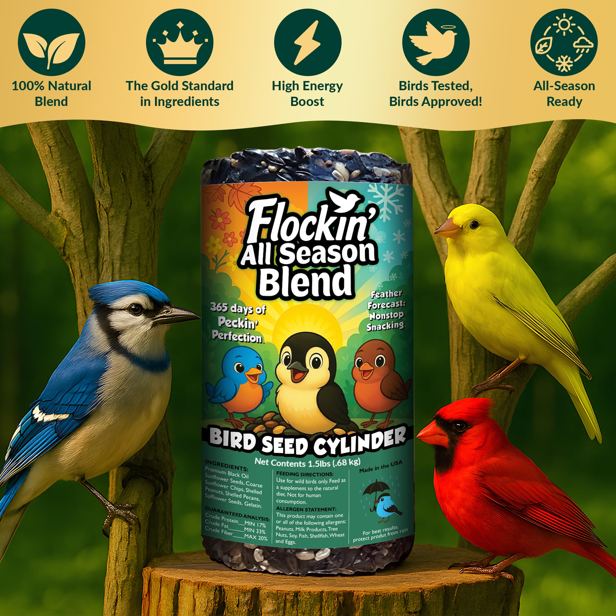 Cilindro de semillas de pájaros para todas las estaciones con agujero, alimento para pájaros silvestres durante todo el año para Blue Jays, palomas, pinzones y más, mezcla equilibrada de alta energía