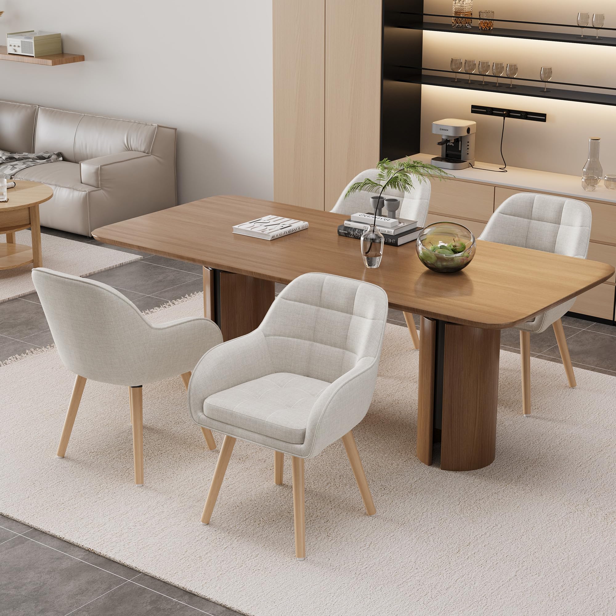 ELUCHANG Silla de Comedor Pack 4, 10cm Grosor Sillones con Reposabrazos Altos, Base Metálica & Patas Madera, Carga Máx.150KG, Beige Tela Natural Silla para Cocina, Salón, Dormitorio