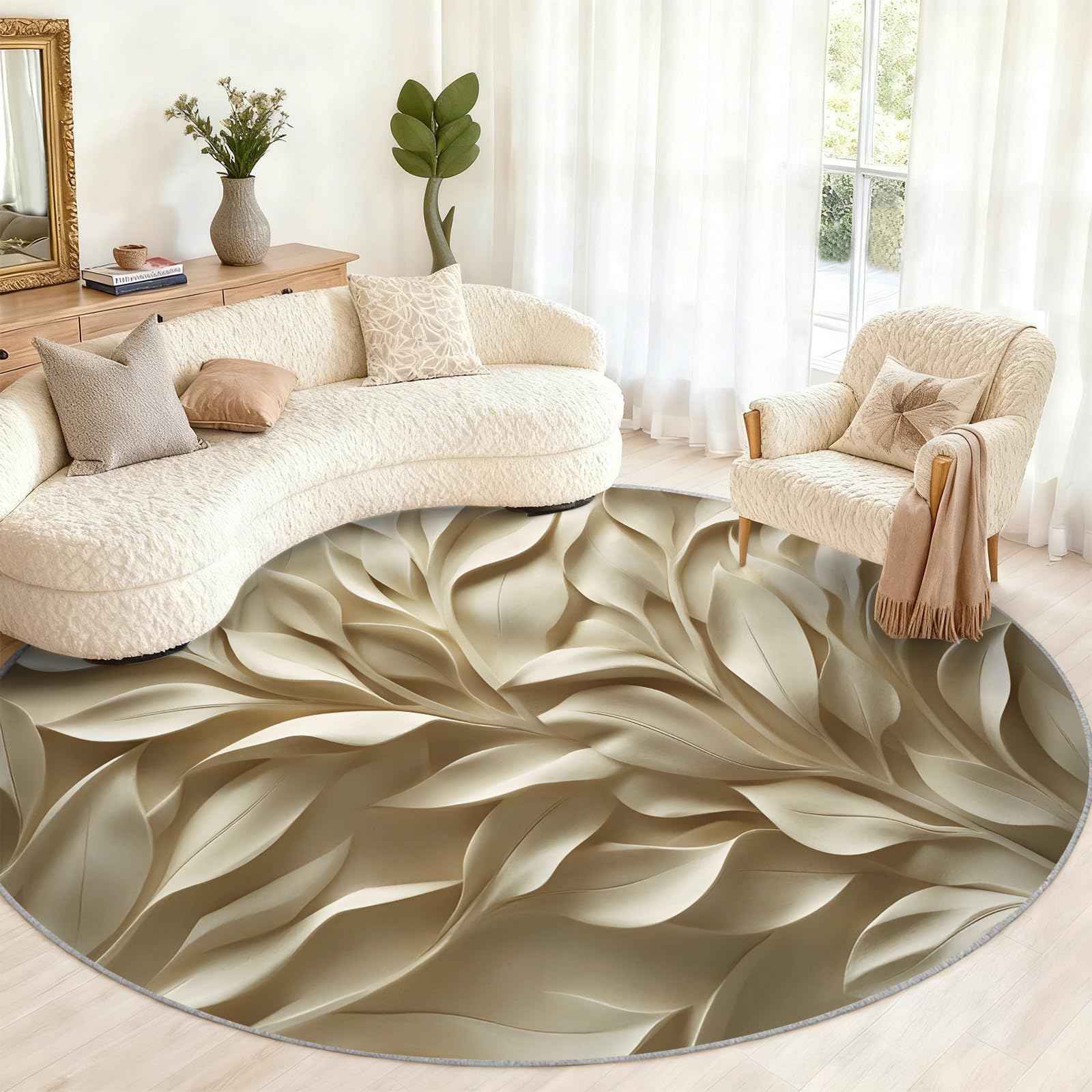 Runder Teppich mit 3D-Blättern, 18 cm, Beige | Minimalistische Teppiche für Esszimmer, weicher niedriger Flor, waschbar, moderne Flurdekoration, Teppiche und Bodenteppich