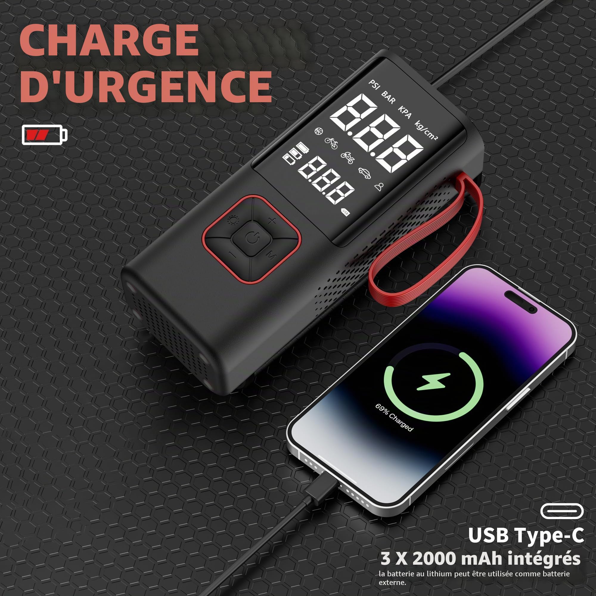 Gonfleur Pneus Voiture Sans Fil,COCCKO 6000mAh Compresseur à Air Portatif pour Pneus, 150PSI gonfleur velo electrique,LED et Arrêt Automatique, avec 3M Cigarette Lighter 12V et Storage Bag