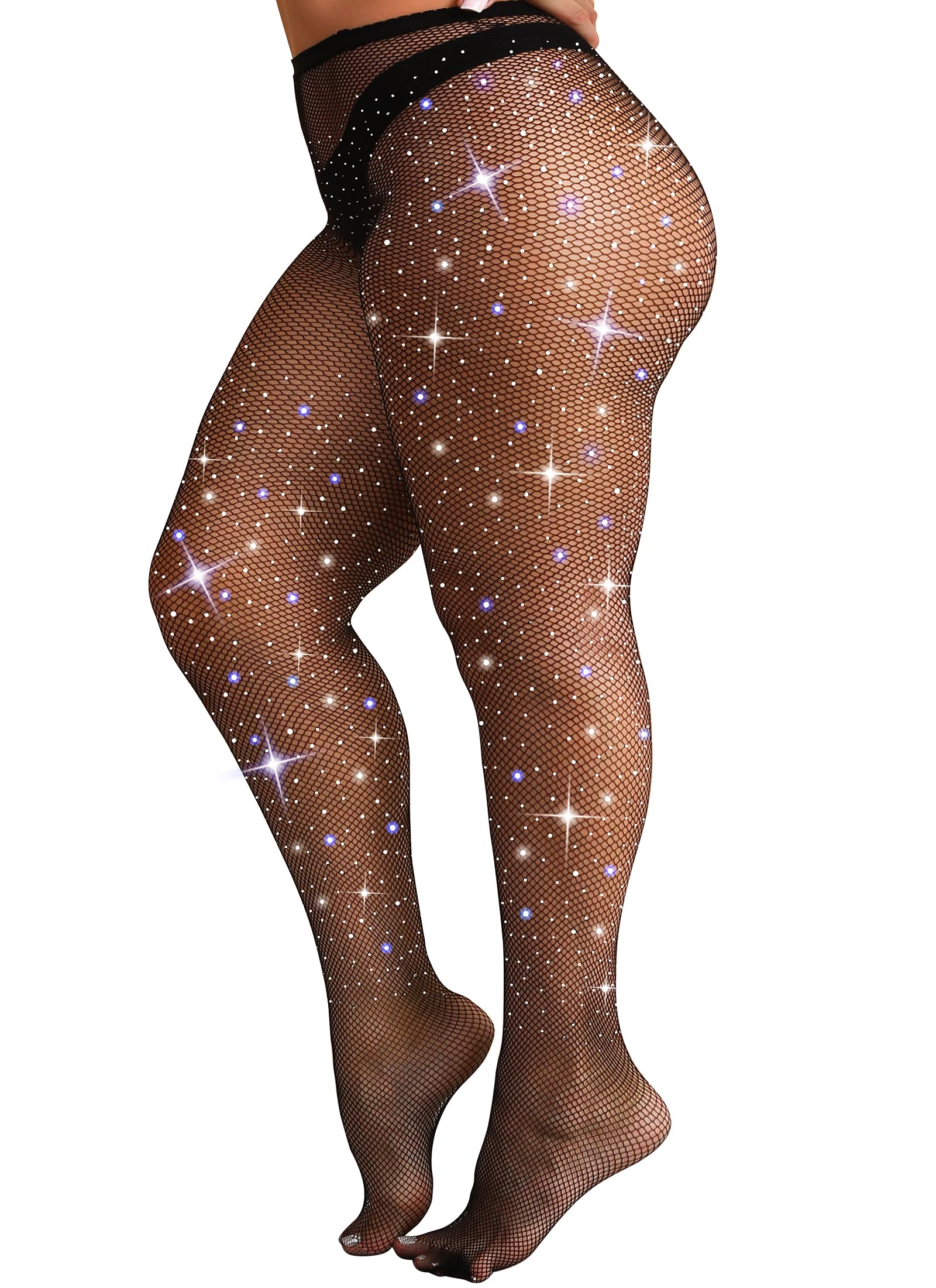 Sexy Sparkly Fishnet Stockings Jeweled High Waist Tights Rhinestone Sheer Hollow Out Pantyhose With Bling Crystals, Plus Size Black Stockings, 3X-Large