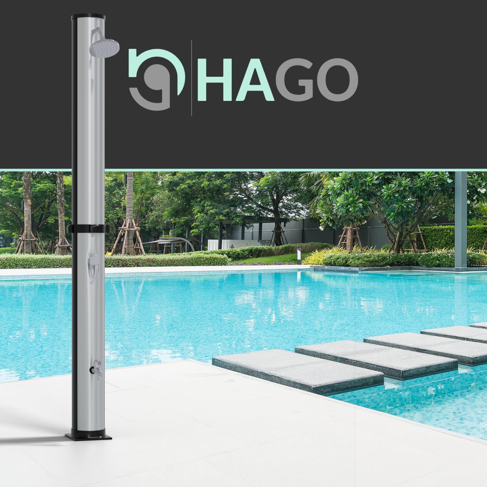 HAGO Solardusche | 35L | rund | Schwarz/Silber | Pooldusche | Campingdusche | Gartendusche | Outdoor Fußdusche | Universal | Stromlos