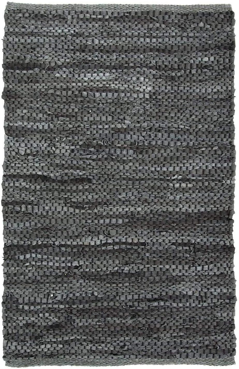 Bravich Grey Leather Chindi Rug Handmade Area Rag Rug 100% Recycled Leather Cotton Floor Mat Hand Woven Traditional Indian 60x90cm (2'x3')