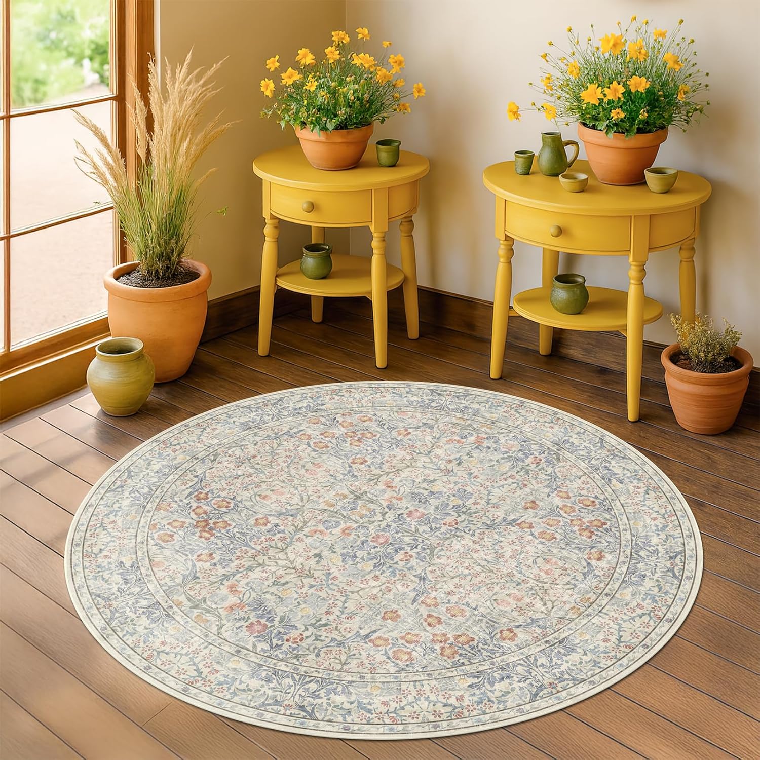 Beige Blue 4ft Round Rug for Nursery - Small Circle Rug for Living Room, Bedroom, Home Office, Boho Washable Non Slip Soft Carpet Decor