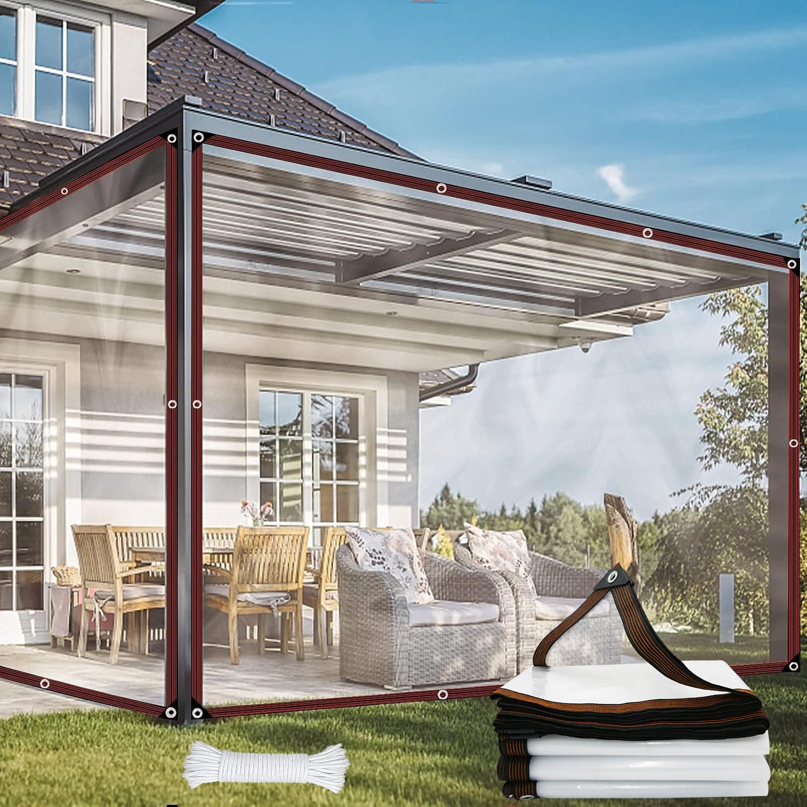 GJZQDKX Waterproof Rectangle Shade Sail 7.4x6m, UV Protection 95%, Transparent PE Polyester, Grommets for Balcony, Terrace, Garden - White Sunshade Canopy
