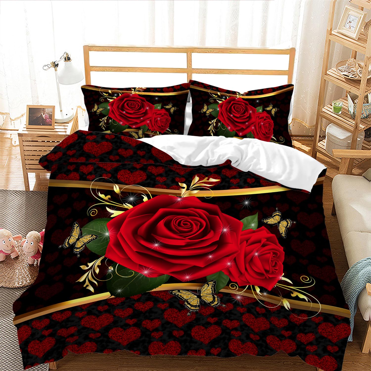 AILONEN 3D Rose Floral Hearts Duvet Cover Set, Twin Size - Romantic Rose Flower Comforter Cover Set with 1 Quilt Cover and 2 Pillowcases