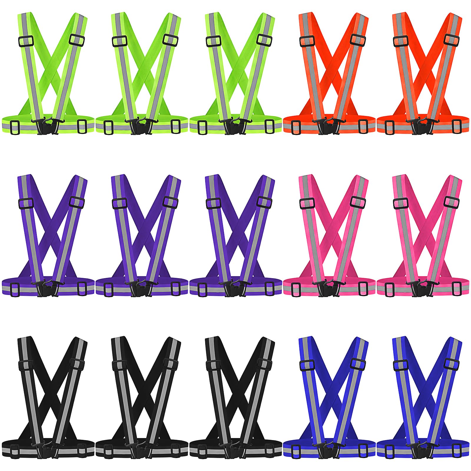 YFNVH 15 Pack Reflective Vest Running Gear, Adjustable Hi Vis Vest Bulk, High Visibility Safety Belt Straps Night Walking Accessories for Cycling Running Outdoor Men Women, 6 Colours
