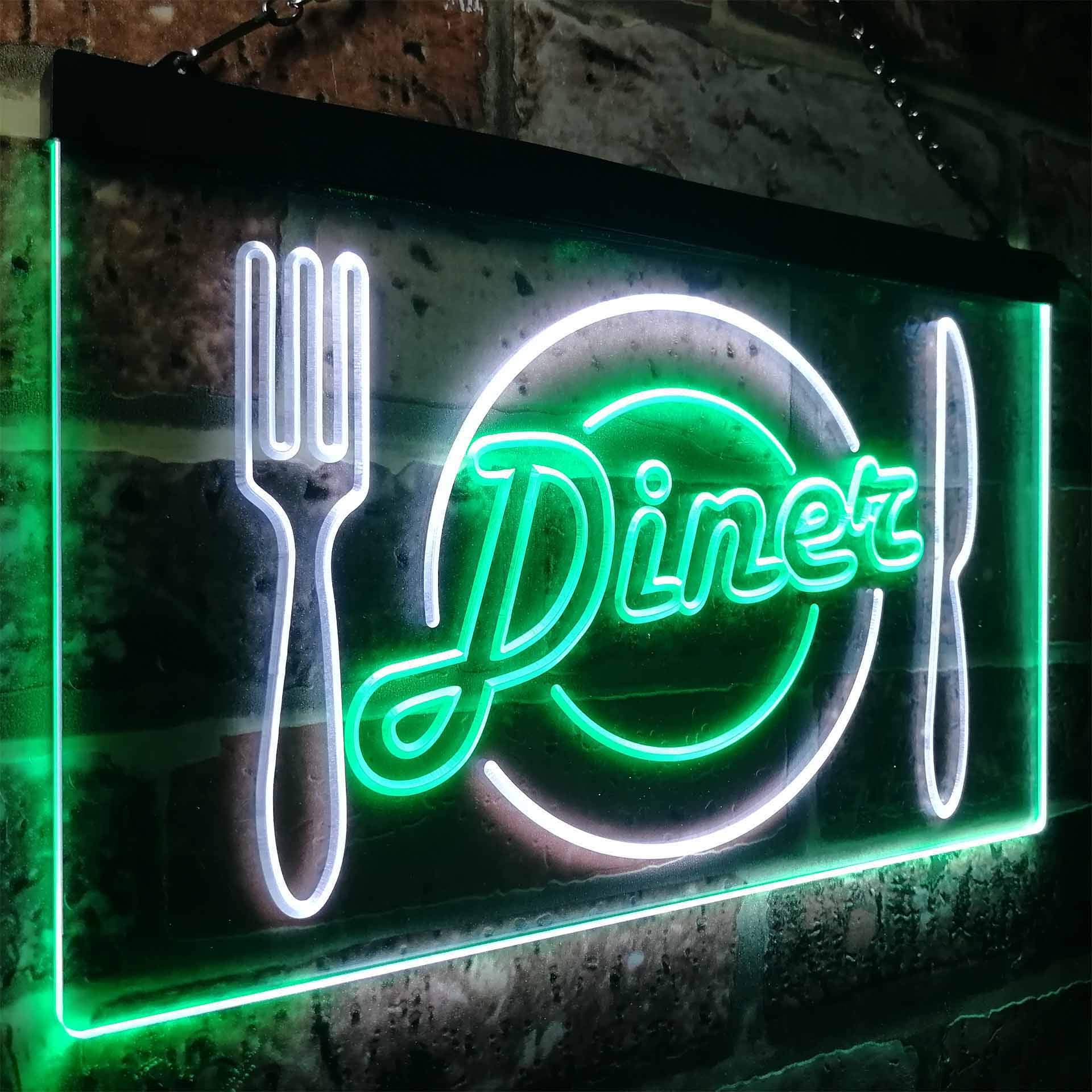 ADVPRO Diner Restaurant Knife Fork Dual Color LED Enseigne Lumineuse Neon Sign Blanc et Vert 600 x 400mm st6s64-i3240-wg
