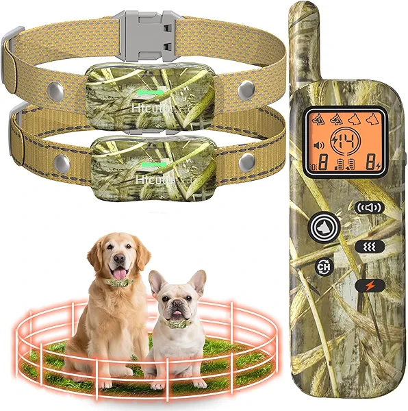Htcuto Wireless Dog Fence System for 2 Dogs Electric Fences for Dogs Training Collar with Remote Shock Collar for Dogs Ultrasonic Trainer Portable Outdoor Safe Pet Containment System with 2 Collars
