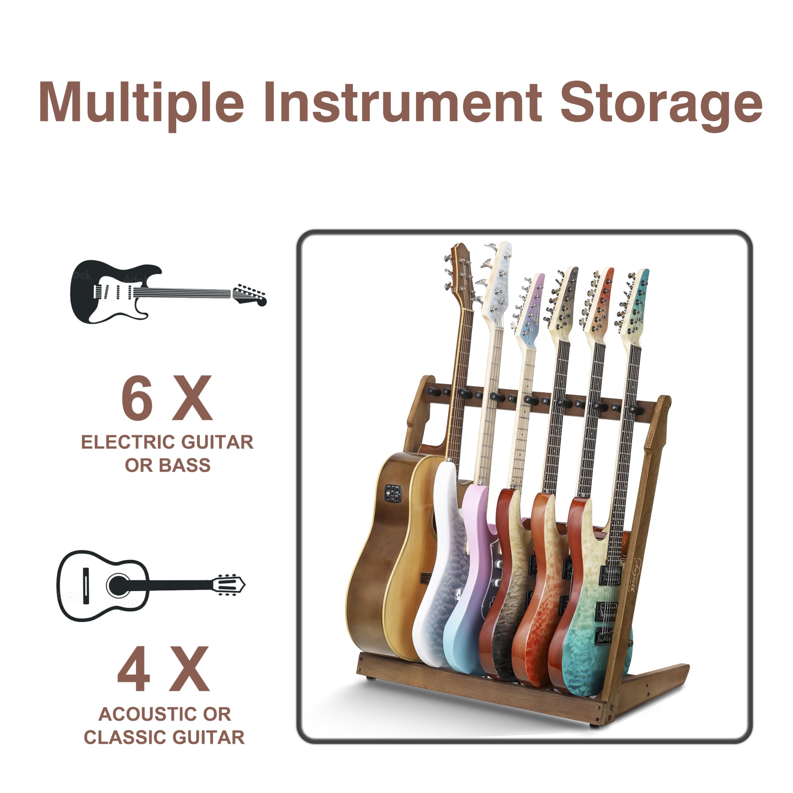 Soporte de guitarra para múltiples guitarras, soporte de madera para 4 guitarras acústicas, 6 eléctricas o bajos, tablón de madera de 18 mm de grosor