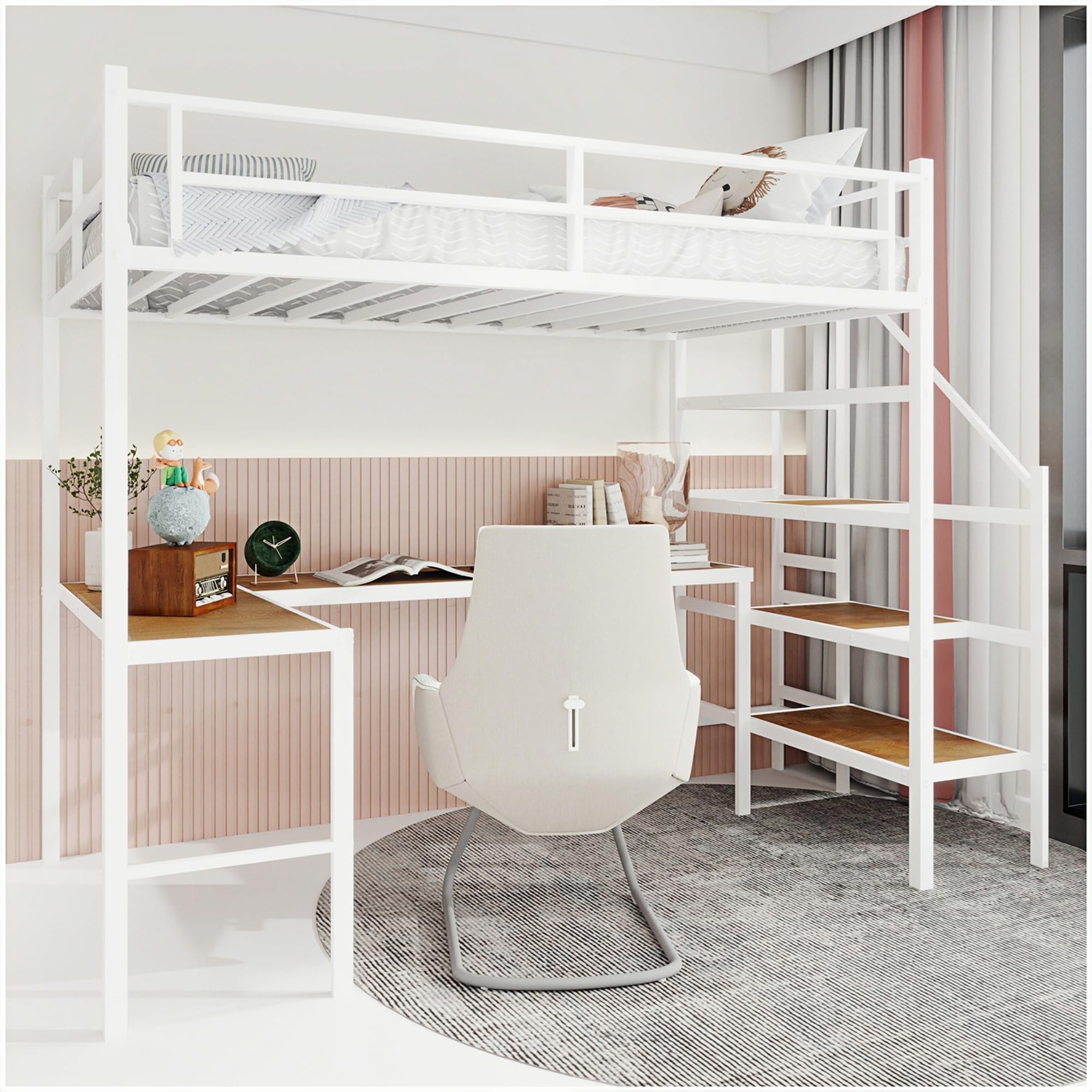 Cama alta de metal 90 x 190 cm, con escritorio, escalera con amplio espacio de almacenamiento y compartimentos, barandilla de seguridad, color blanco (sin colchón)