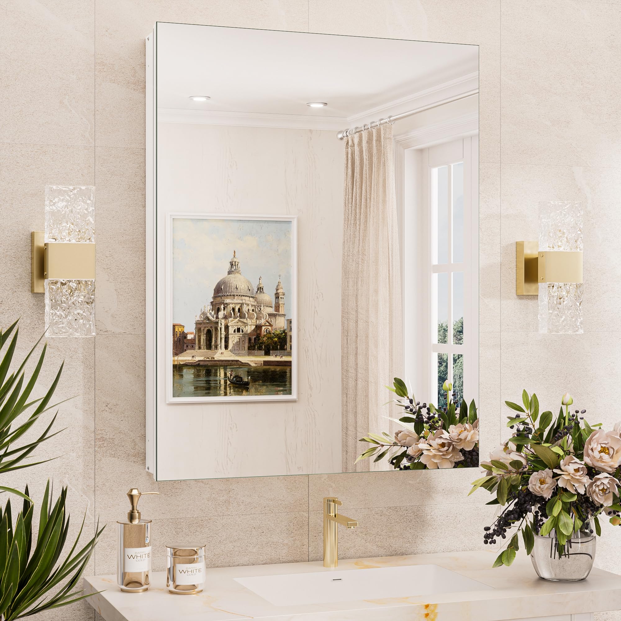 TokeShimi Botiquín de 24 x 32 pulgadas con espejo empotrado o montaje en pared, botiquín de baño de aluminio templado blanco con espejo con almacenamiento ajustable continuo de metal para casa de