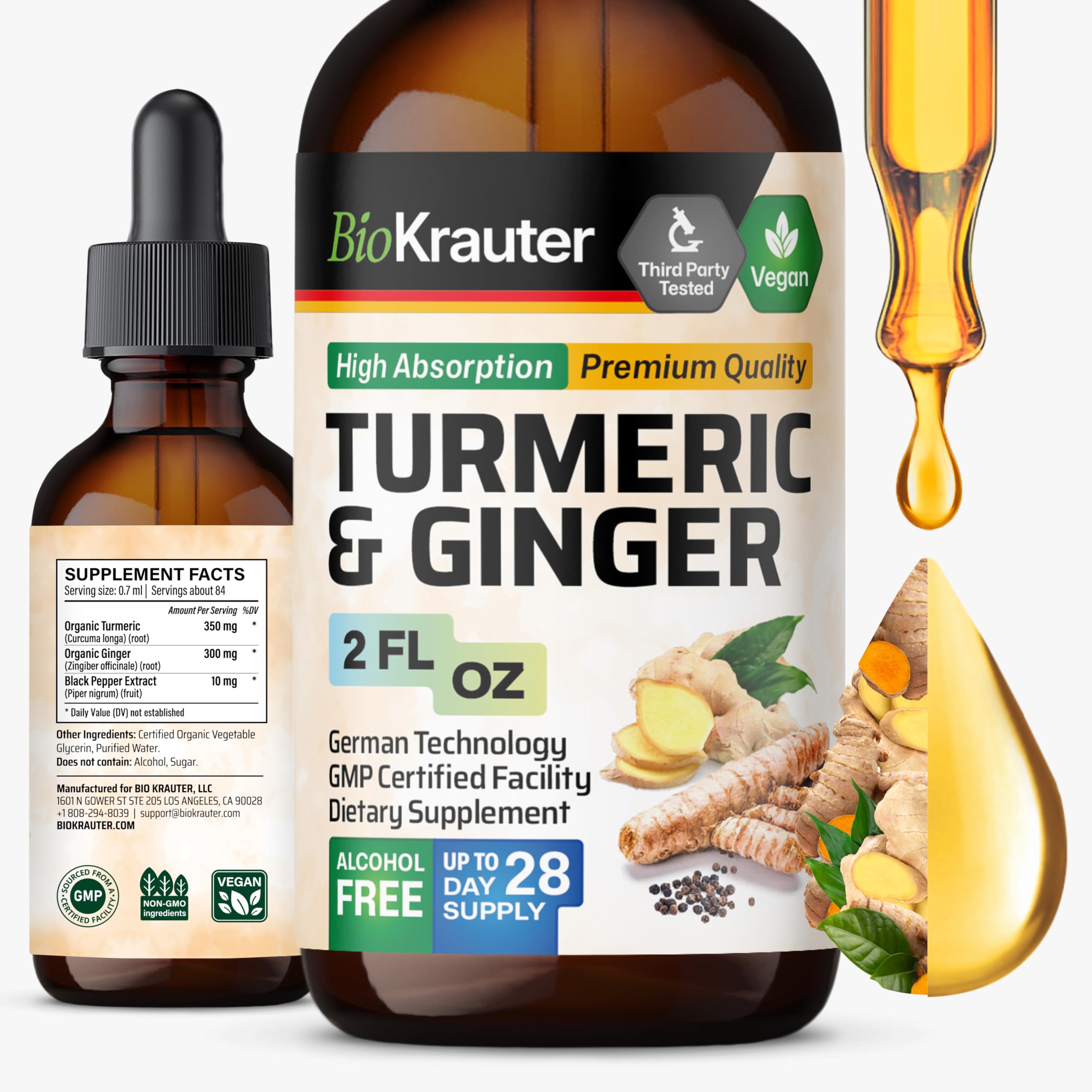 BIO KRAUTER® Turmeric and Ginger Supplement - Pure Vegan Liquid Turmeric & Ginger Tincture with Pepper 2 Fl.Oz 28 Days of Supply - Curcumin Drops for Joint Support, Antioxidant & Immune Support