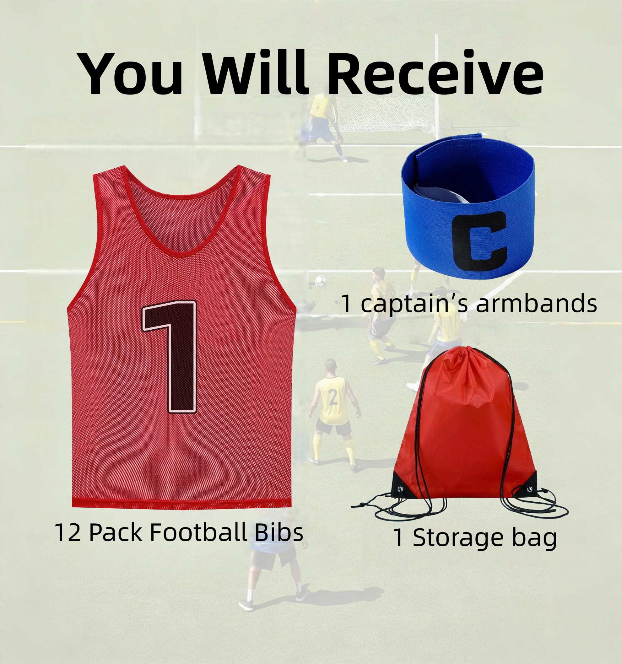 TOEPODO Confezione da 12 bavaglini da calcio per adulti, con borsa portaoggetti e fascia da capitano, XL, rosso