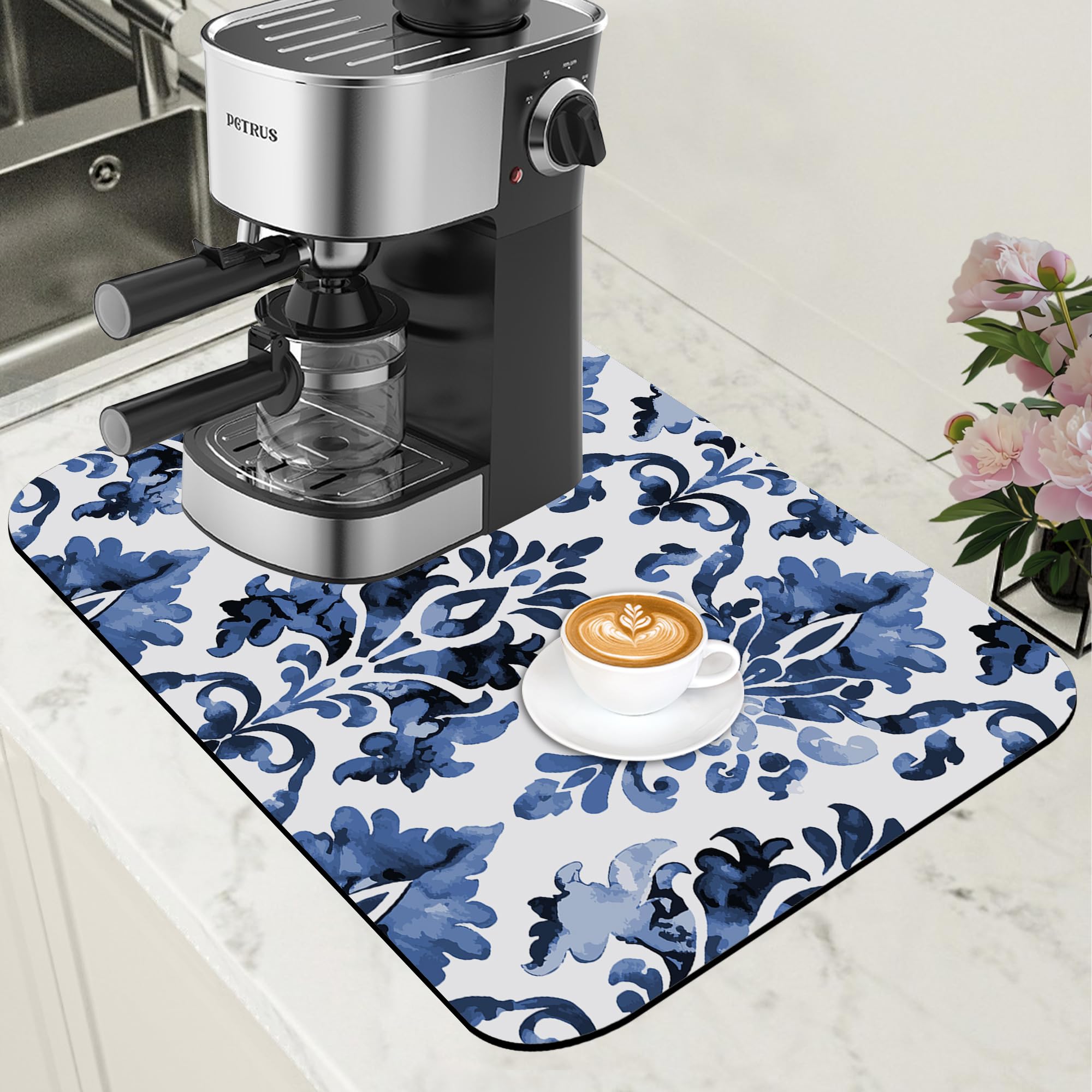 Tapete de secado de platos de flores de damasco azul para encimera de cocina, tapete de bar, tapete para ocultar manchas, absorben