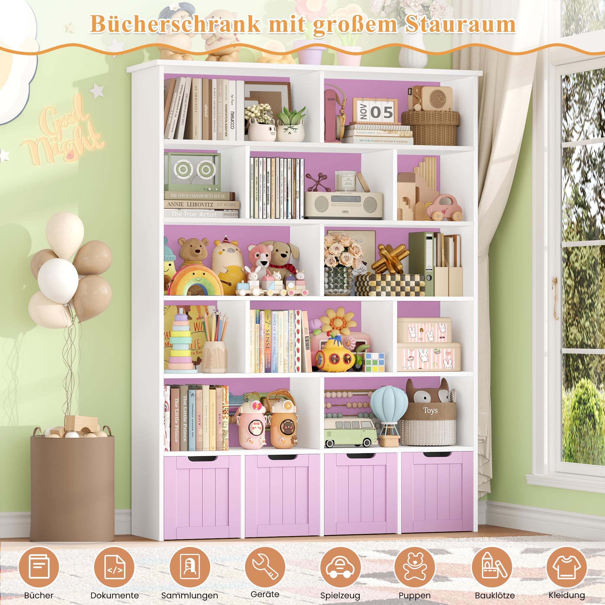 FOREHILL Kinderregal 6 Ebenen, Kinderzimmer Möbel, Bücherregal für Kinder | Kinderschrank mit Boxen auf Rollen, Spielzeug Aufbewahrung für Kinderzimmer, Kindergarten, Leseecke 175x33x125,5cm Flieder
