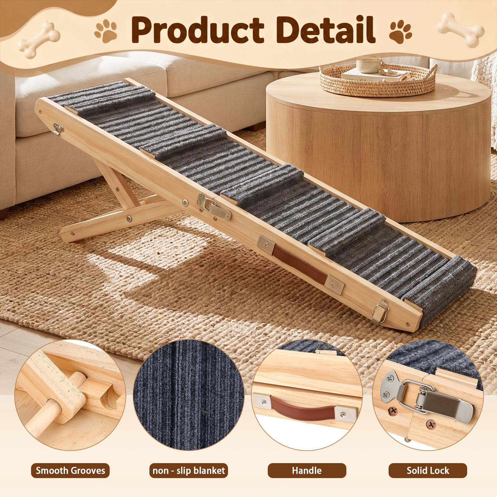 Rampe Chien en Bois, 84cm Rampe Pliable pour Chien avec 4 Hauteurs Réglable | Escalier portable lits avec revêtement antidérapant Rampe animaux pour chiens petite à moyenne taille jusqu'à 50kg