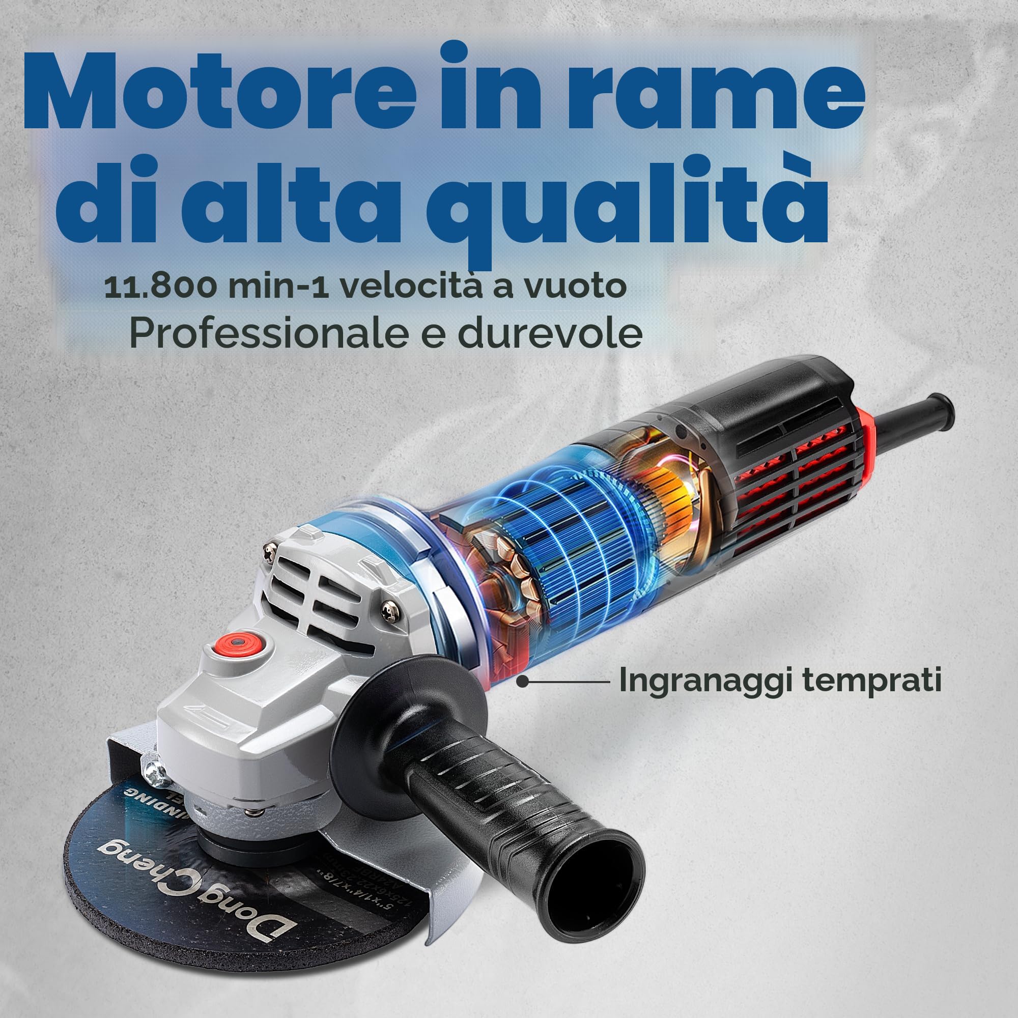 DongCheng Smerigliatrice angolare 1100 W, 125 mm, velocità a vuoto: 11.800 min-1, copertura a sgancio rapido, impugnatura aggiuntiva, 2 dischi abrasivi e 2 dischi da taglio
