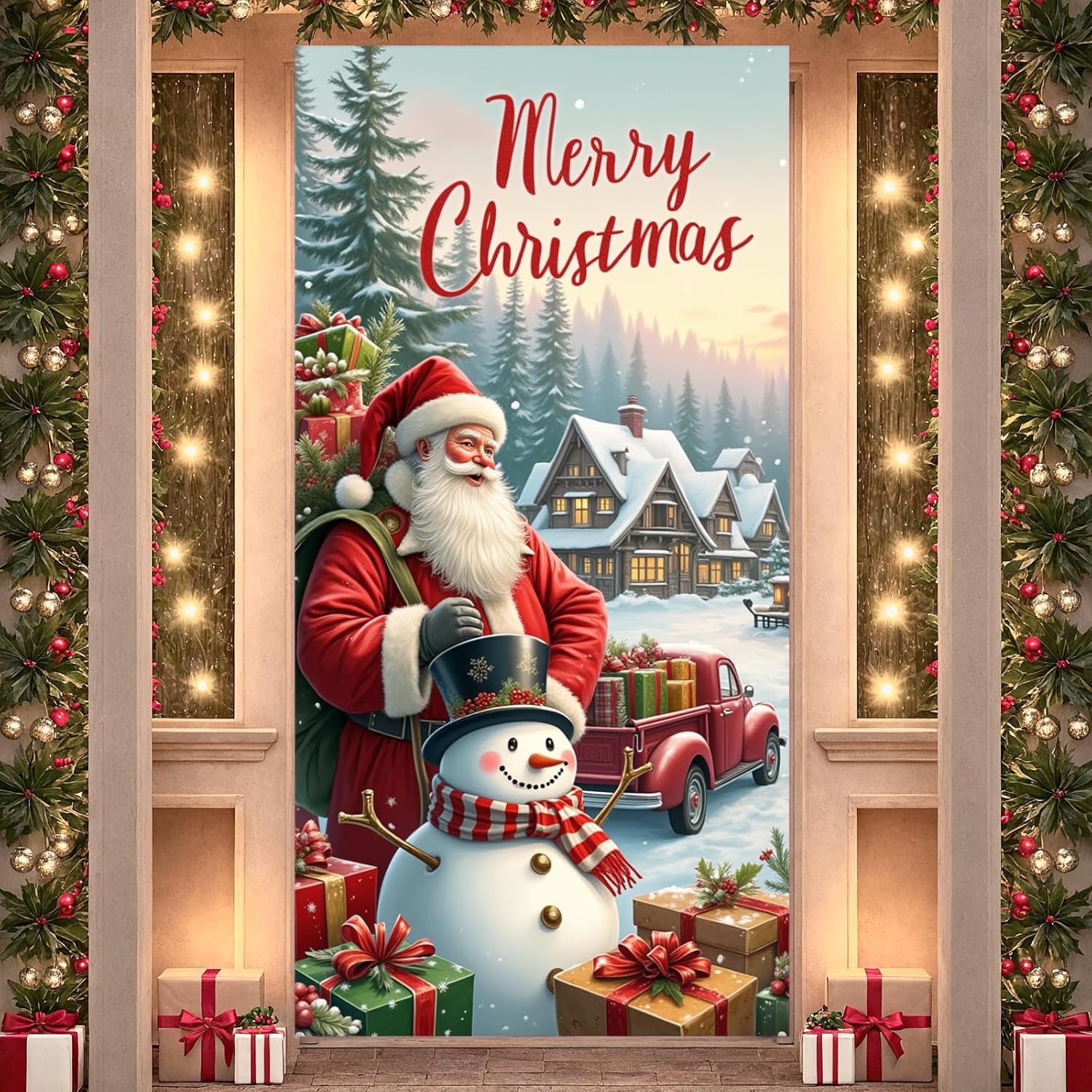 Christmas Door Cover Decorations Santa Claus Christmas Door Banner Merry Christmas Sign Santa Claus Snowman House Scene Door Hanging Wall Banner Photo Booth Prop for Xmas New Year Indoor Outdoor Decor - Image 6