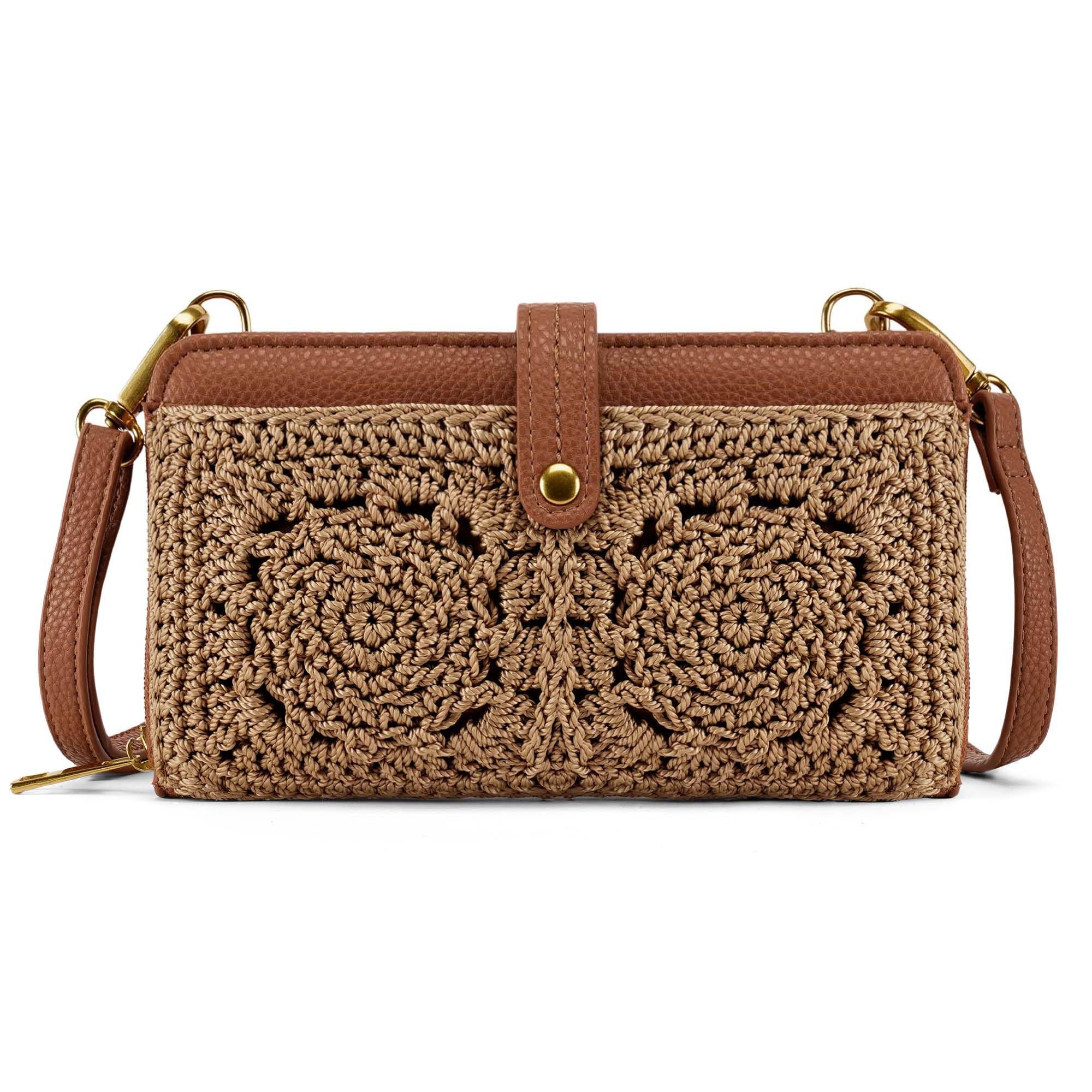 Woven Crossbody Purse for Women Crochet Cell Phone Purse with Built in Wallet Vintage Leather Wristlet Wallet Dark Brown