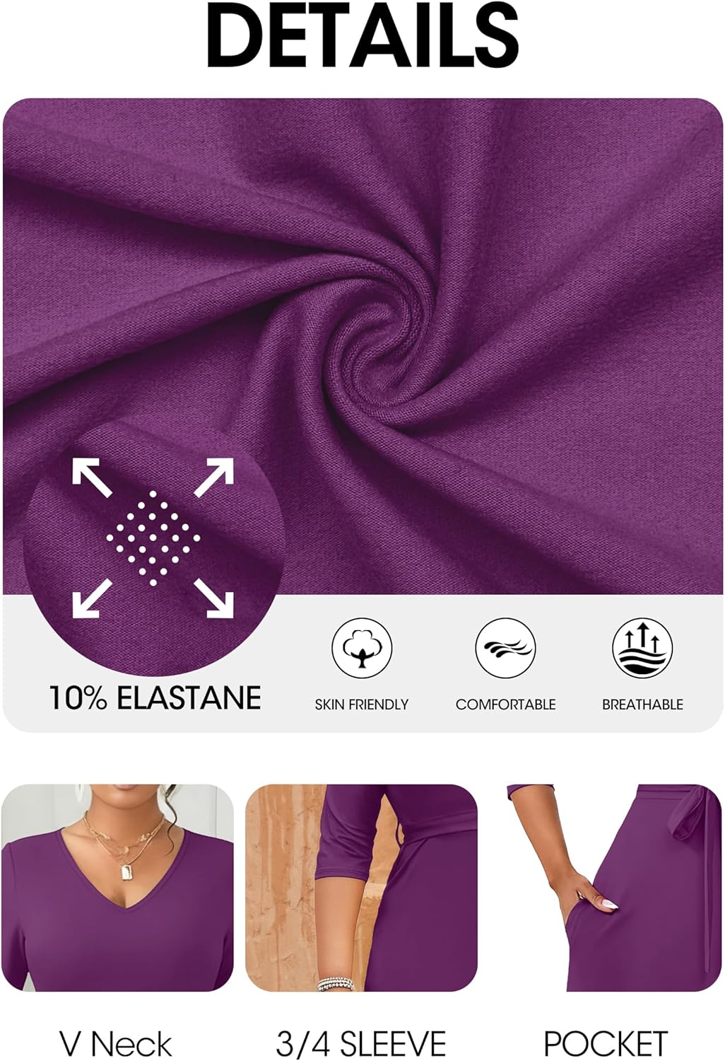 FANDEE Maxi Dress for Women, Long Casual Empire Waist Dresses 3/4 Sleeve V-Neck with Pockets - Image 6