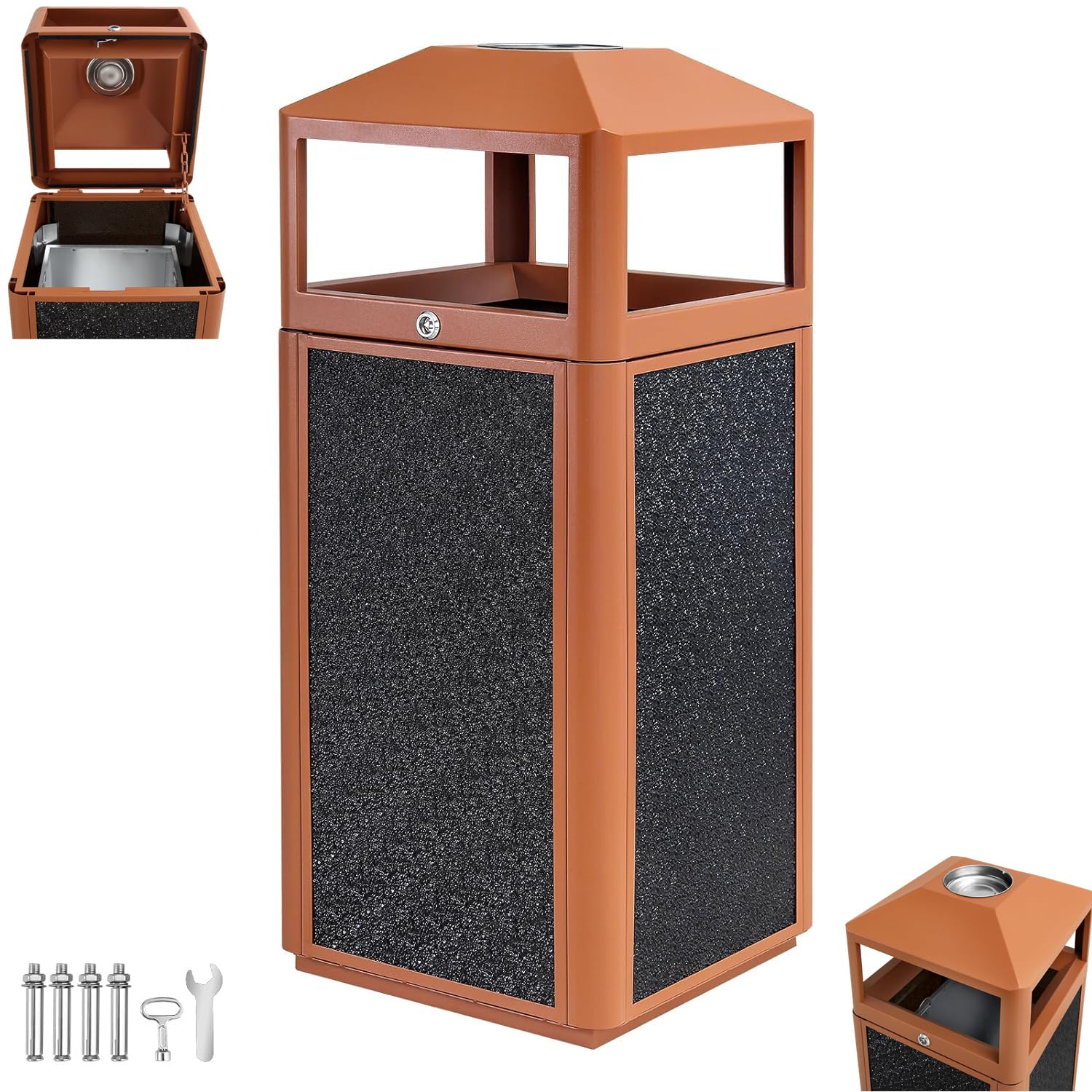 RIGMEC Square Waste Container with Dome Lid | Commercial Outdoor Garbage and Trash Container, Brown 15 Gallon