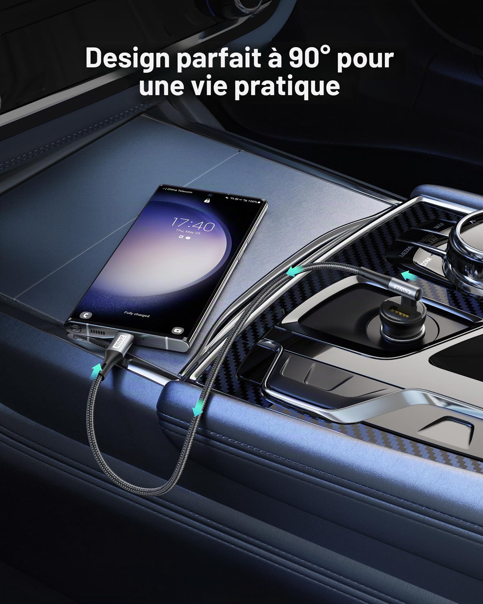 Silkland Câble USB C vers USB C Court 30CM Coudé [240W 48V/5A], PD3.1&QC4.0+ Câble USBC Charge Rapide 90 Degrés pour Android Auto, iPhone 17/16/15, Samsung S25, MacBook Pro/Air, iPad Pro/Mini, Pixel