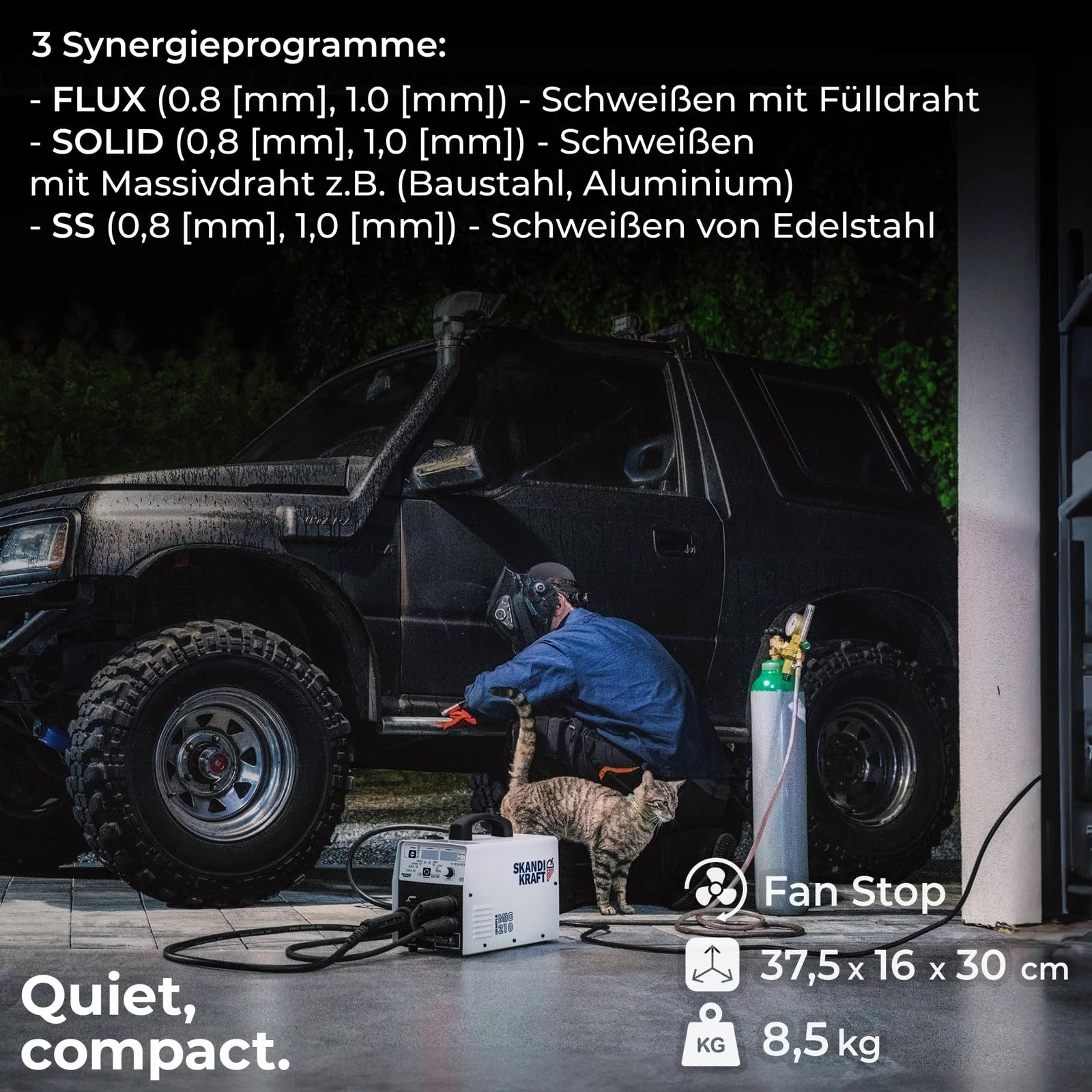 SKANDI KRAFT iSIMPLE MIG 210 - Kit completo con botella de gas de 8 l y casco - Estación de soldadura de gas de protección 4 en 1 MIG MAG 200 A 230 V - Soldador de alambre de llenado sin gas, TIG MMA