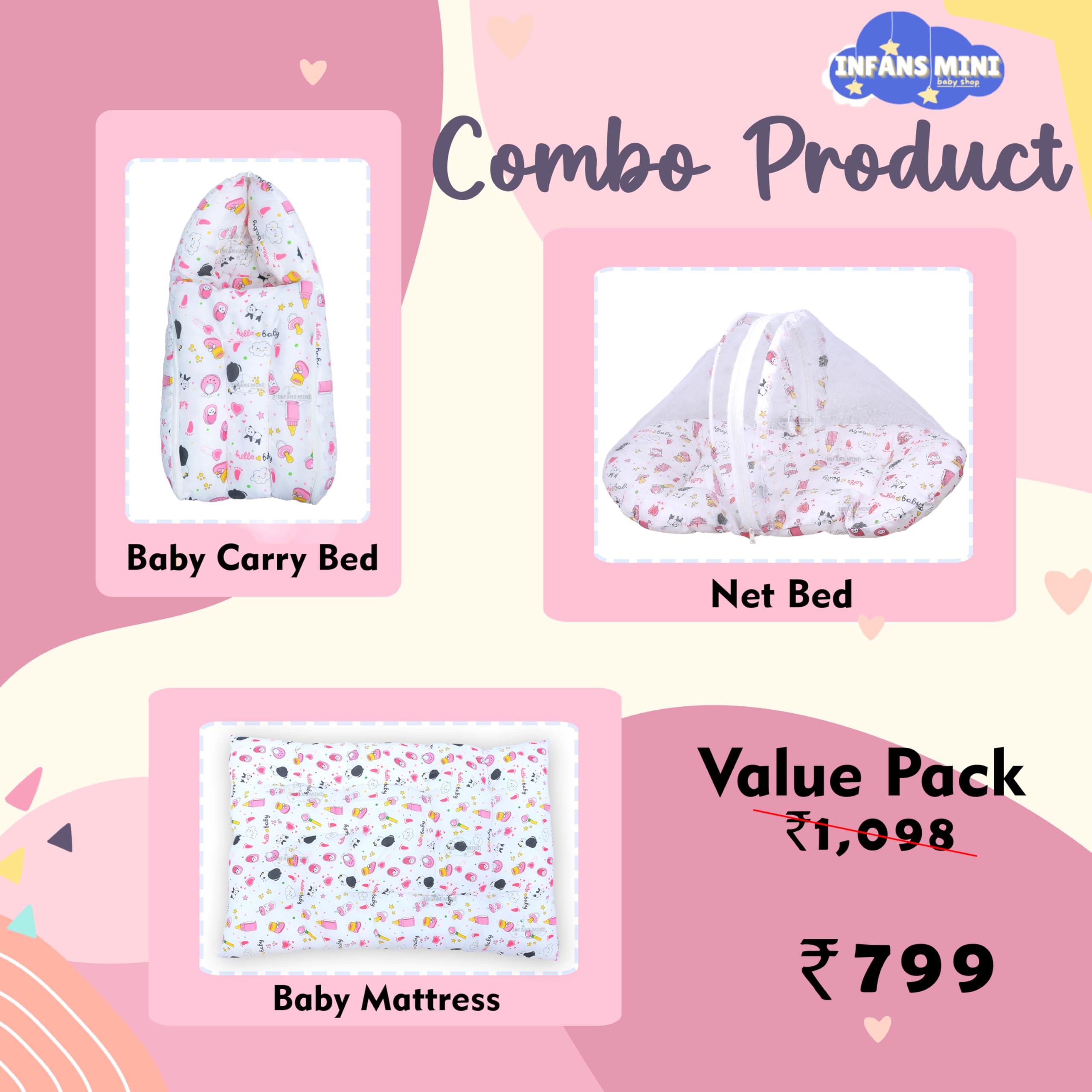 Infans Mini Baby Bedding Set for New Born Baby Sleeping Bag, Mosquito Net Bed, Sleeping Mattress Suitable for 6 Months Babies (Panda Pink) 4