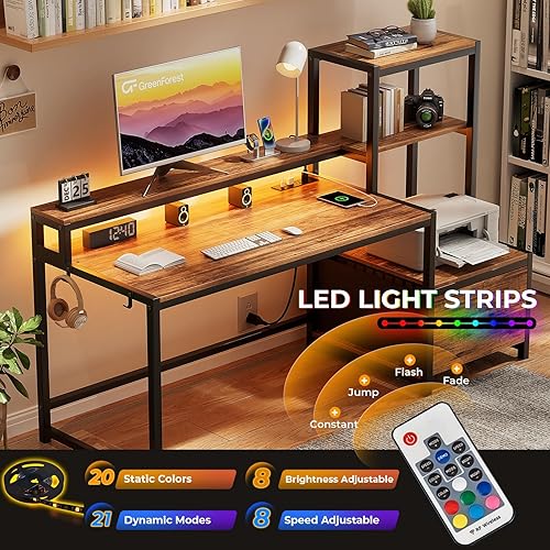 Miniatura 3 de GreenForest Escritorio para computadora con cajón y estante para impresora, escritorio de oficina en casa de 68.8 pulgadas con luces LED y tomas de