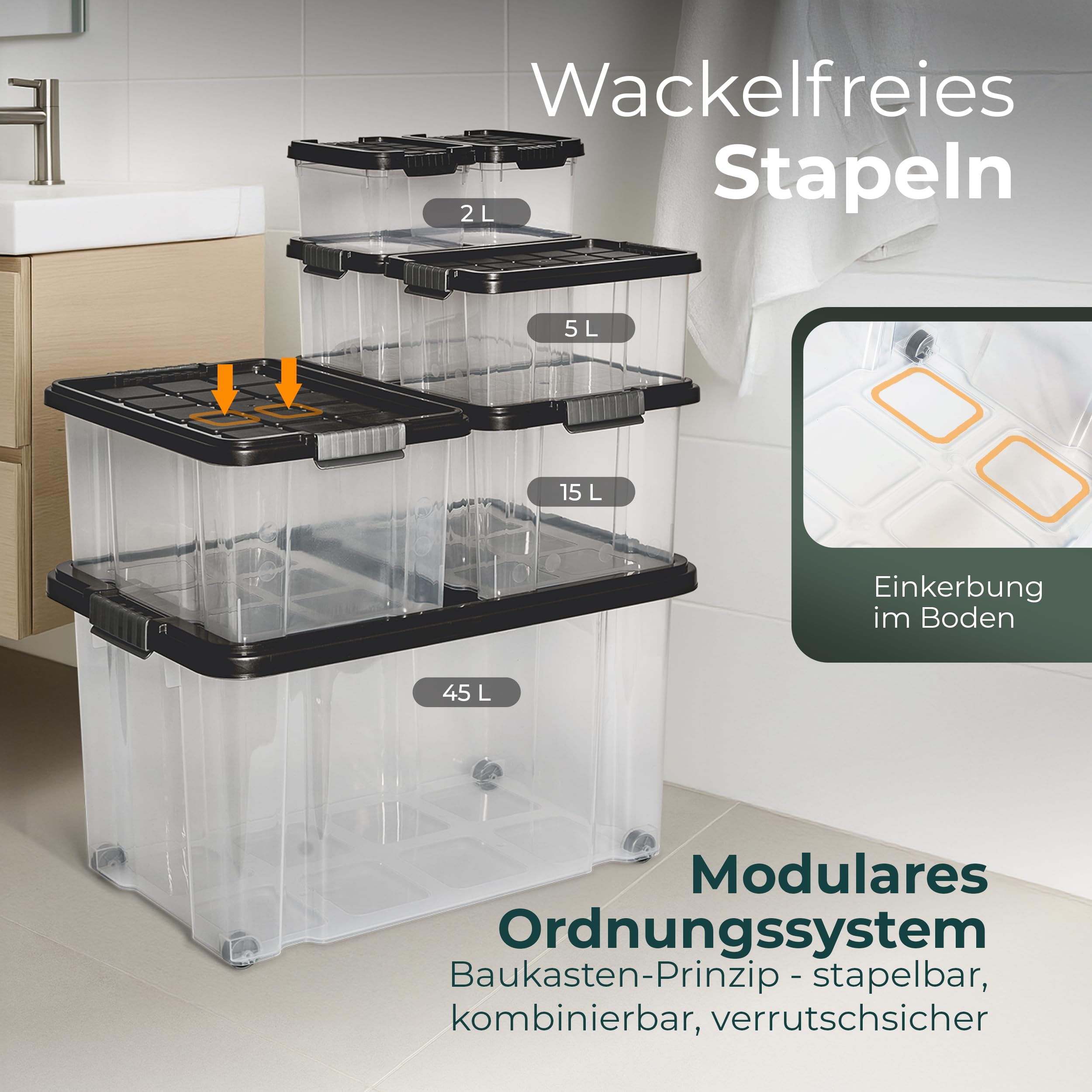 Novaliv 3 scatole portaoggetti con coperchio, grandi 80 l, colore antracite, impilabili, con chiusura a clip, in plastica, senza BPA, 61 x 40 x 45 cm