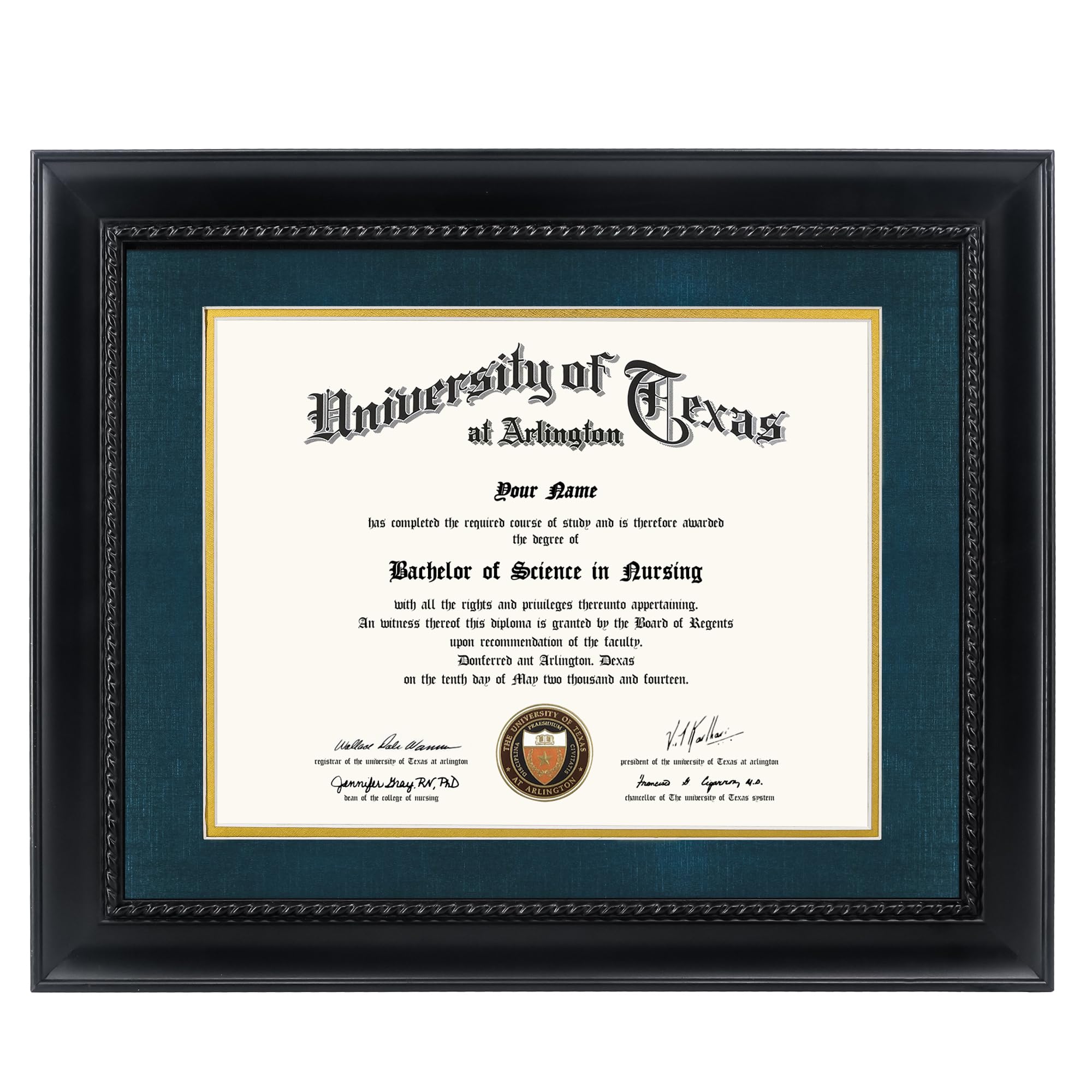 GMFrames 8.5x11 Diploma Degree Frame with Navy Mat or Display 11x14 Certificates without Mat,Solid Wood,Black Finish with Intricate Black Rope Detail,