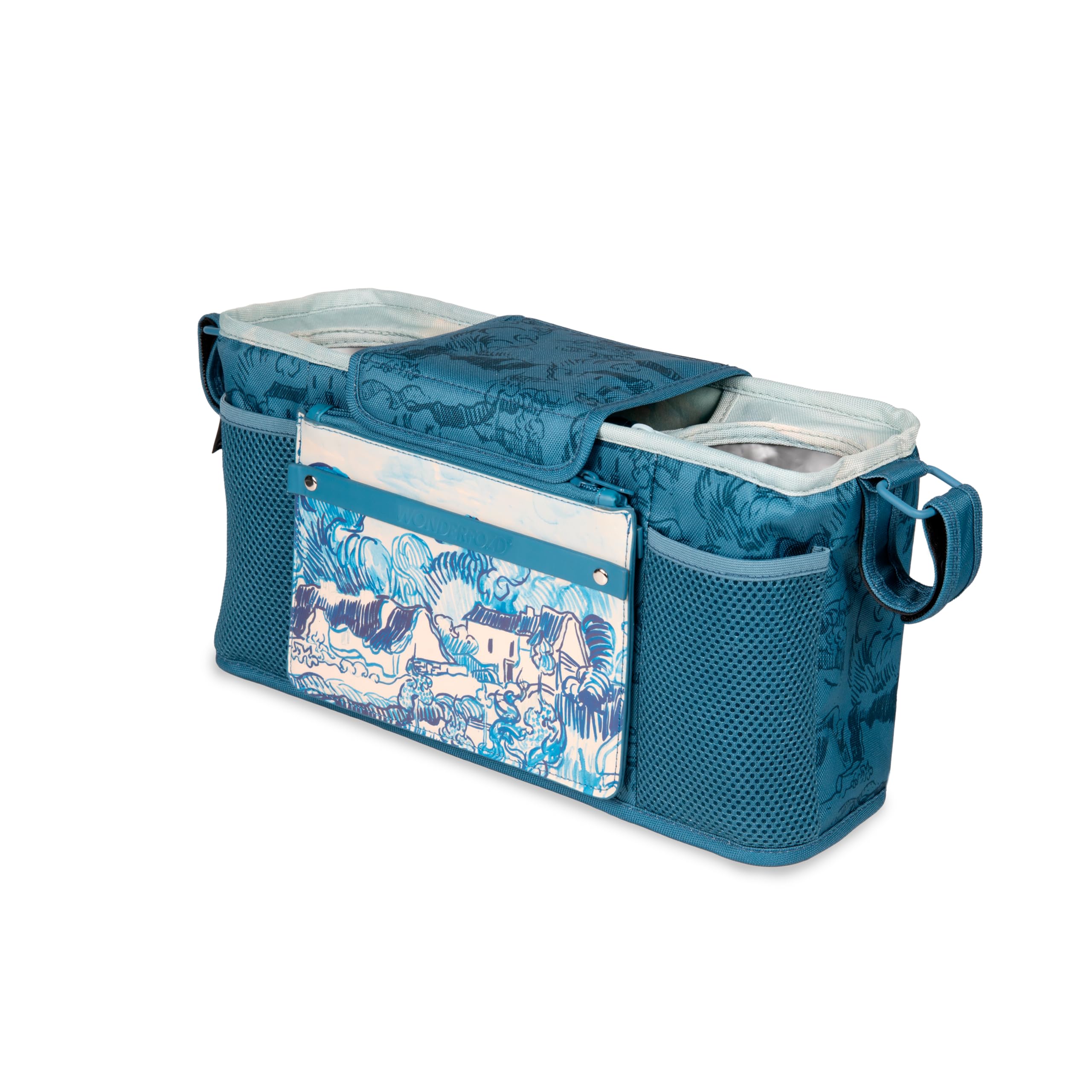 WONDERFOLD Universal Parent Console Stroller Organizer with Insulated Cup Holders, Hook & Loop Closure Handle Attachment, 2 Storage Pockets, Removable