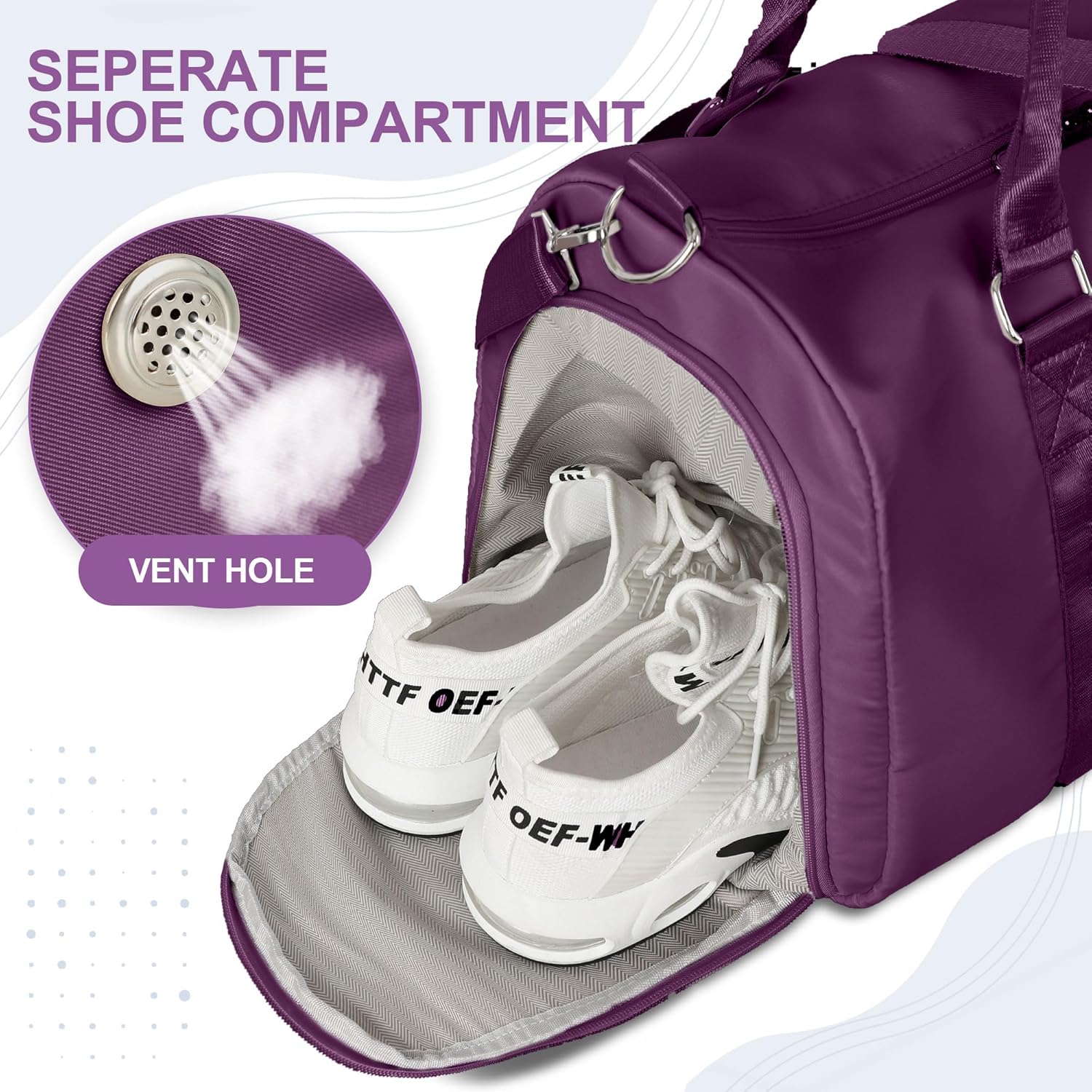 FIORETTO Womens Gym Tote Duffle Bag with Wet Pocket & Shoe Compartment, Sports Duffel Overnight Weekender Hospital Workout Carry on Bag for Girls, Ideal for Travel, Swimming, Dance, Ballet Dark Purple - Image 5