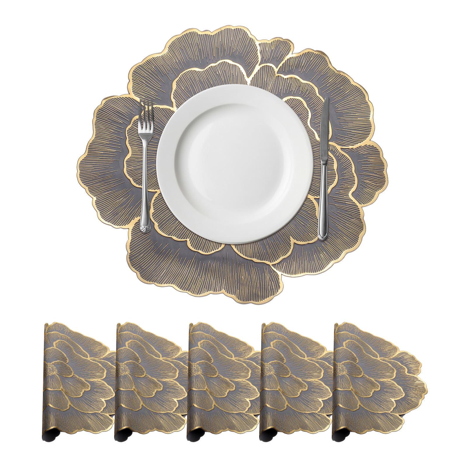 sourcing map Gold Edge Grey Floral Rose Round Placemats Set of 6 for Dinner Tables, Metallic Polyvinyl Pressed Placemats Washable Table Mats for Dinner Table Decor (15" x 15"/38 x 38cm)