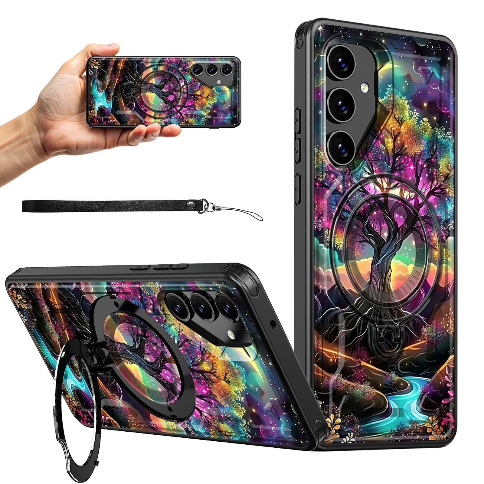 RWUTYTIUL for Samsung S24 FE 5G 6.7" Magnetic Case with Wrist Strap, Kickstand Anti-Scratch Hard PC Silicone Shockproof Protective Women Men Phone