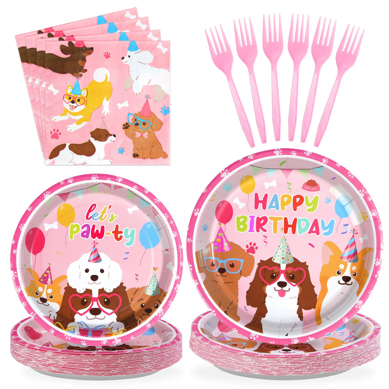 Grencian 96 Pcs Dog Birthday Party Supplies Puppy Tableware Set Disposable Dog Paper Plates Napkins Forks Pink Dogs Themed Party Decorations for Lets