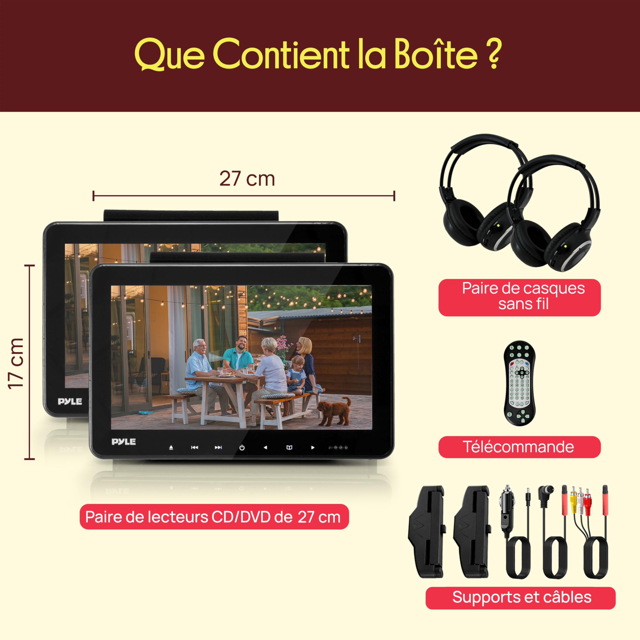 Pyle Lecteur DVD Appuie-Tête Voiture Double Écran 10,5 Pouces – Système Multimédia Auto avec HDMI, Haut-Parleurs Stéréo, Support de Montage et Écran LCD