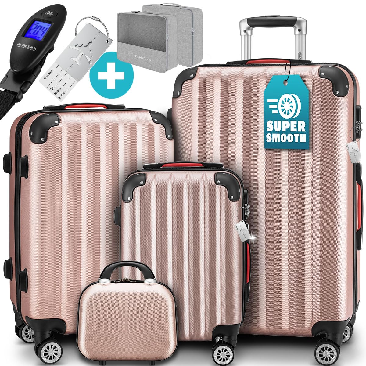 Monzana Set de Valises 4 Pièces avec Vanity-Case M/L/XL Rose Doré | Coque Dure, avec Pèse-Bagages et Cadenas inclus, Bagage de Voyage, Trolley à Roulettes, Poignée Télescopique