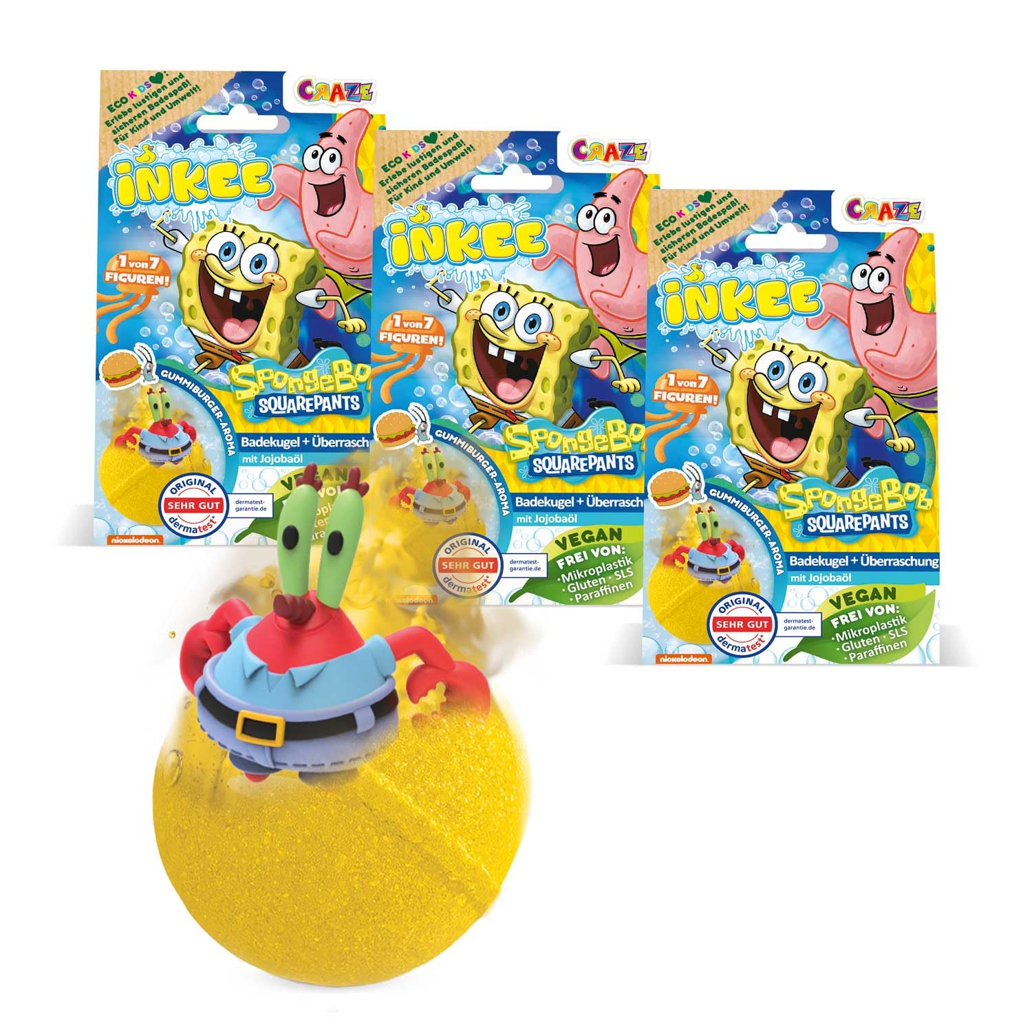 INKEE Spongebob Squarepants 3-Pack Kid Bath Bombs: 3 Surprise Collectible Figures, Bubblegum & Jojoba Oil, 3 x 80g Great Gifts for Ages 3+