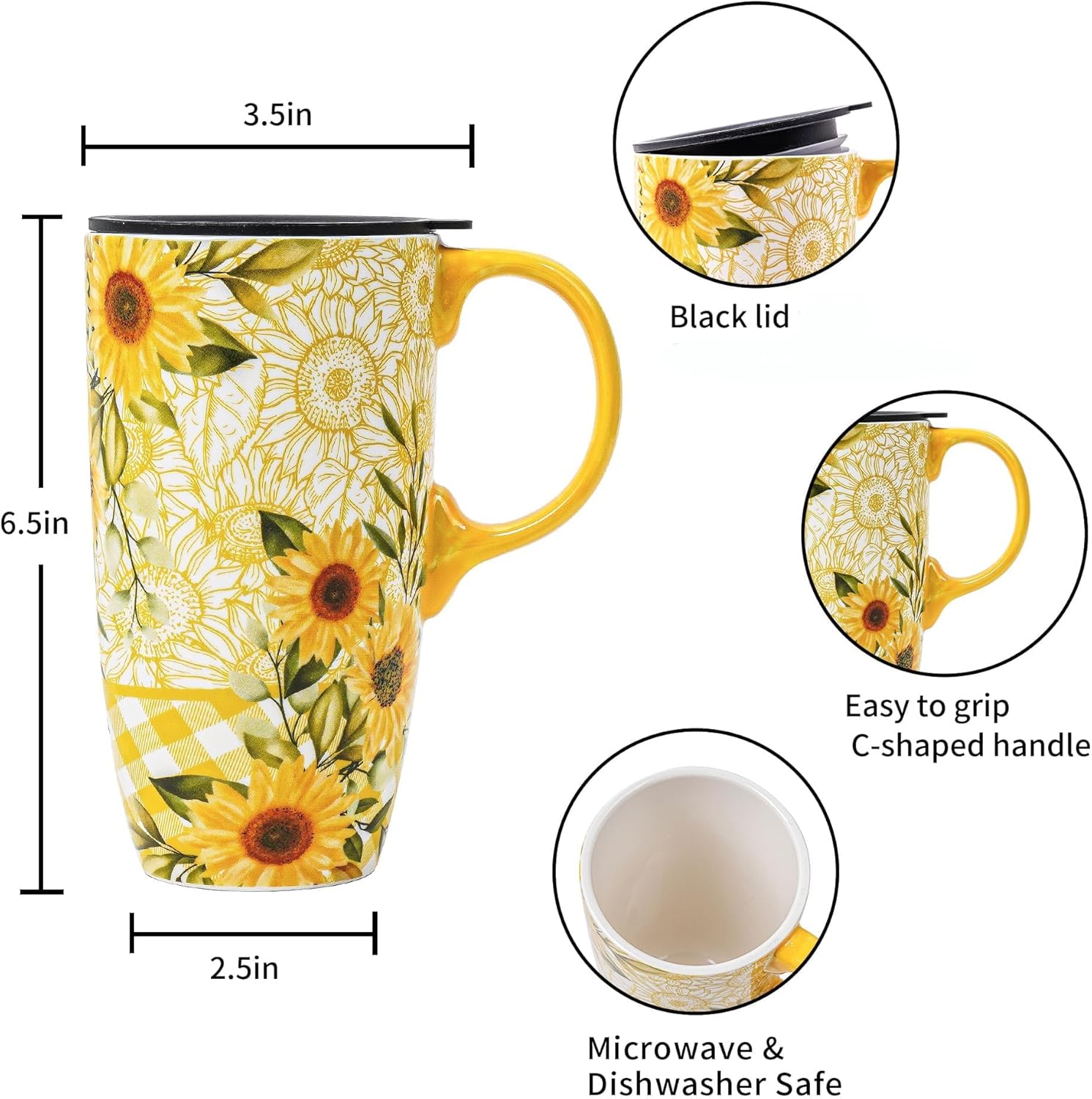 Topadorn Ceramic Coffee Travel Mug with Lid and Handle, Reusable 17 Oz Large Porcelain Latte Teacup with Color Box, Splash Resistant Lid - To Go Tumbler for Car Cup Holder, Sunflower - Image 5
