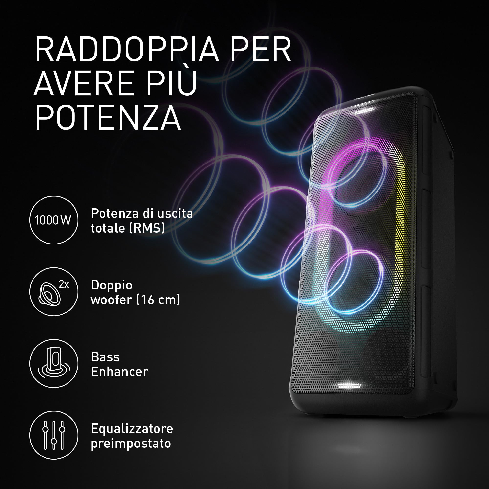 Panasonic SC-TMAX45E-K Altoparlante Sistema Audio ad Alta Potenza con Bluetooth, 1000W, Luci Integrate, USB, Ingresso Ottico per TV, Ingressi Chitarra e Microfono per Karaoke, Nero